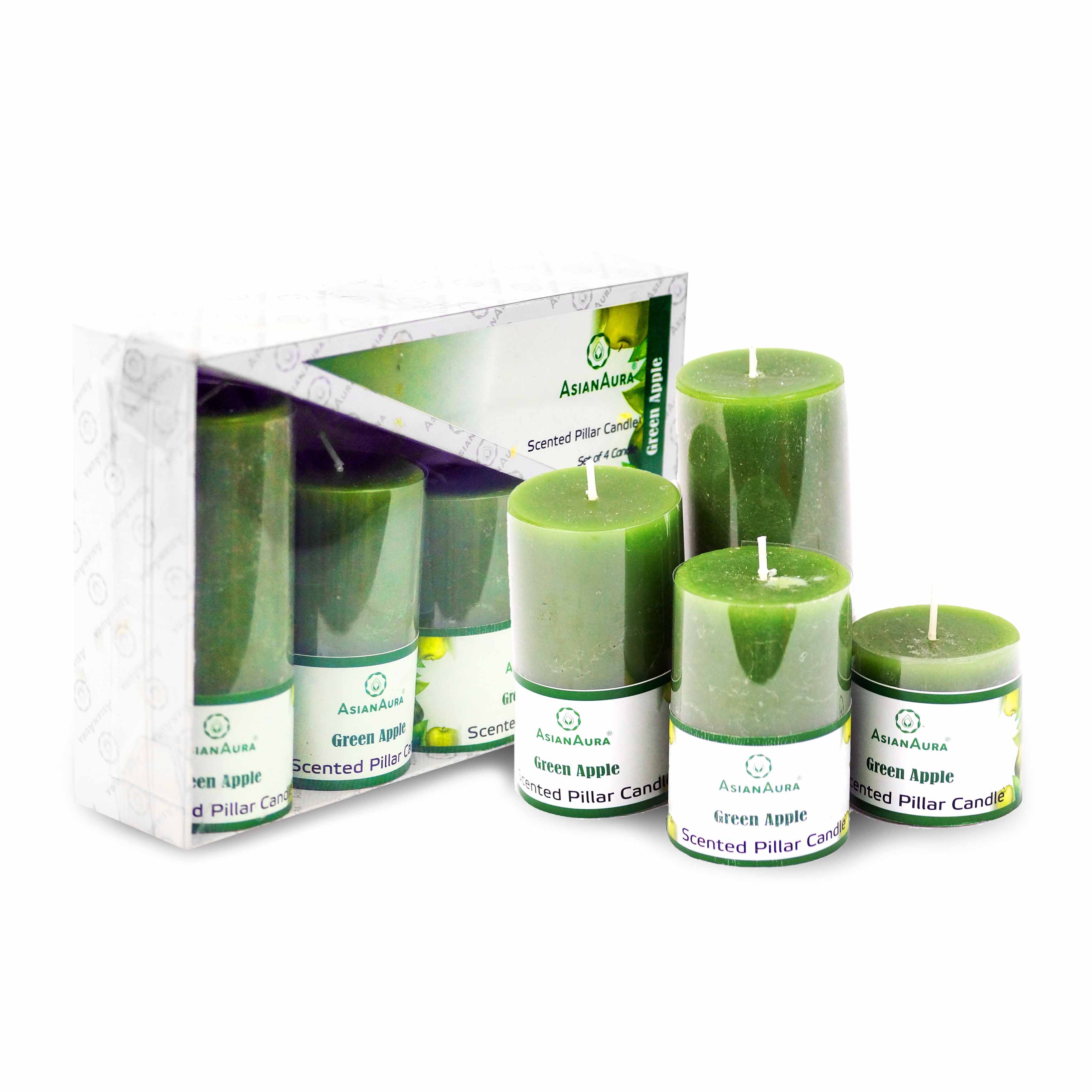 Scented Pillar Candle - Handmade Pure Paraffin Wax, 2x2 To 2x4.5 Inches, Green Color | 20 Hours Burn Time, Rustic Pillar Shape, Cotton Wick