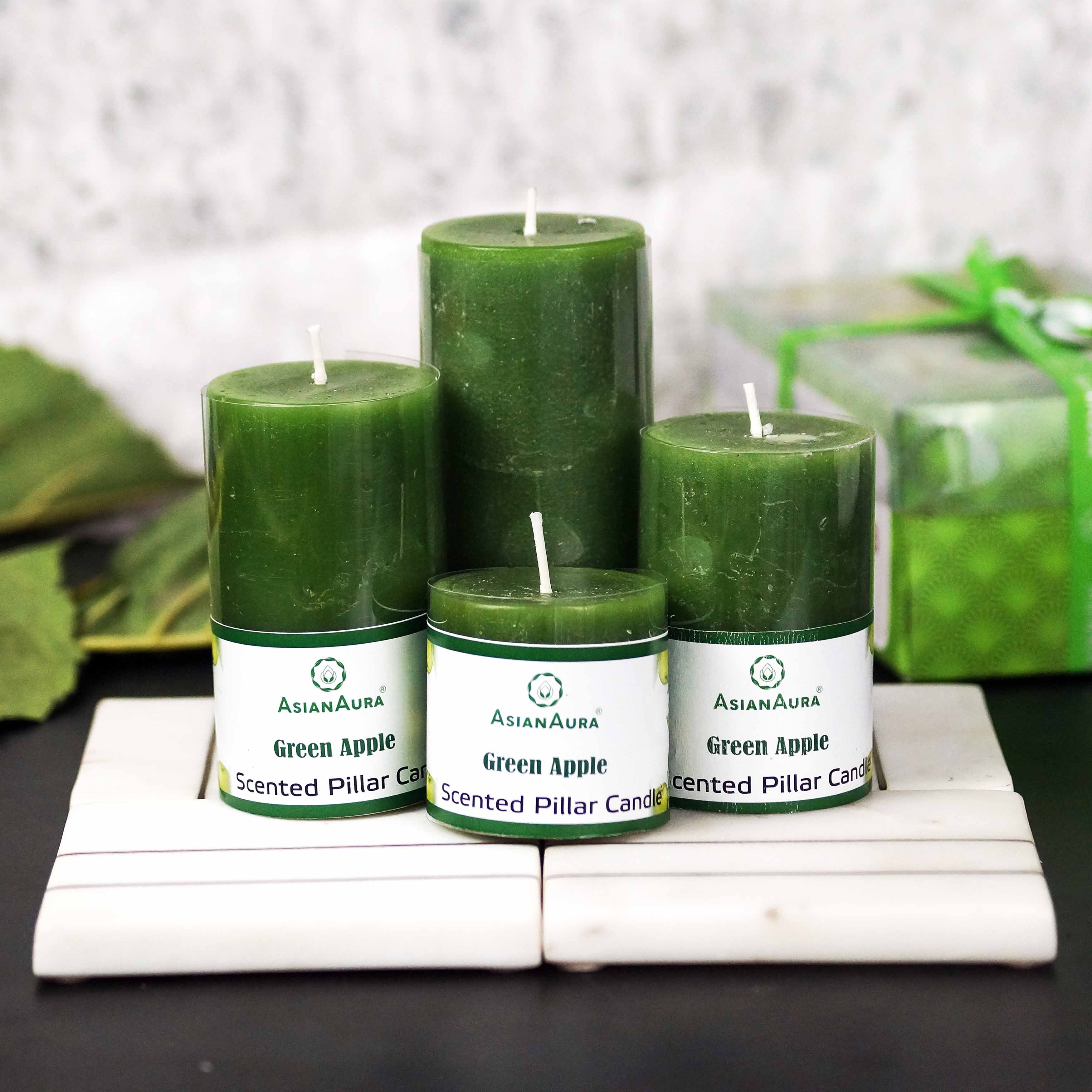 Scented Pillar Candle - Handmade Pure Paraffin Wax, 2x2 To 2x4.5 Inches, Green Color | 20 Hours Burn Time, Rustic Pillar Shape, Cotton Wick