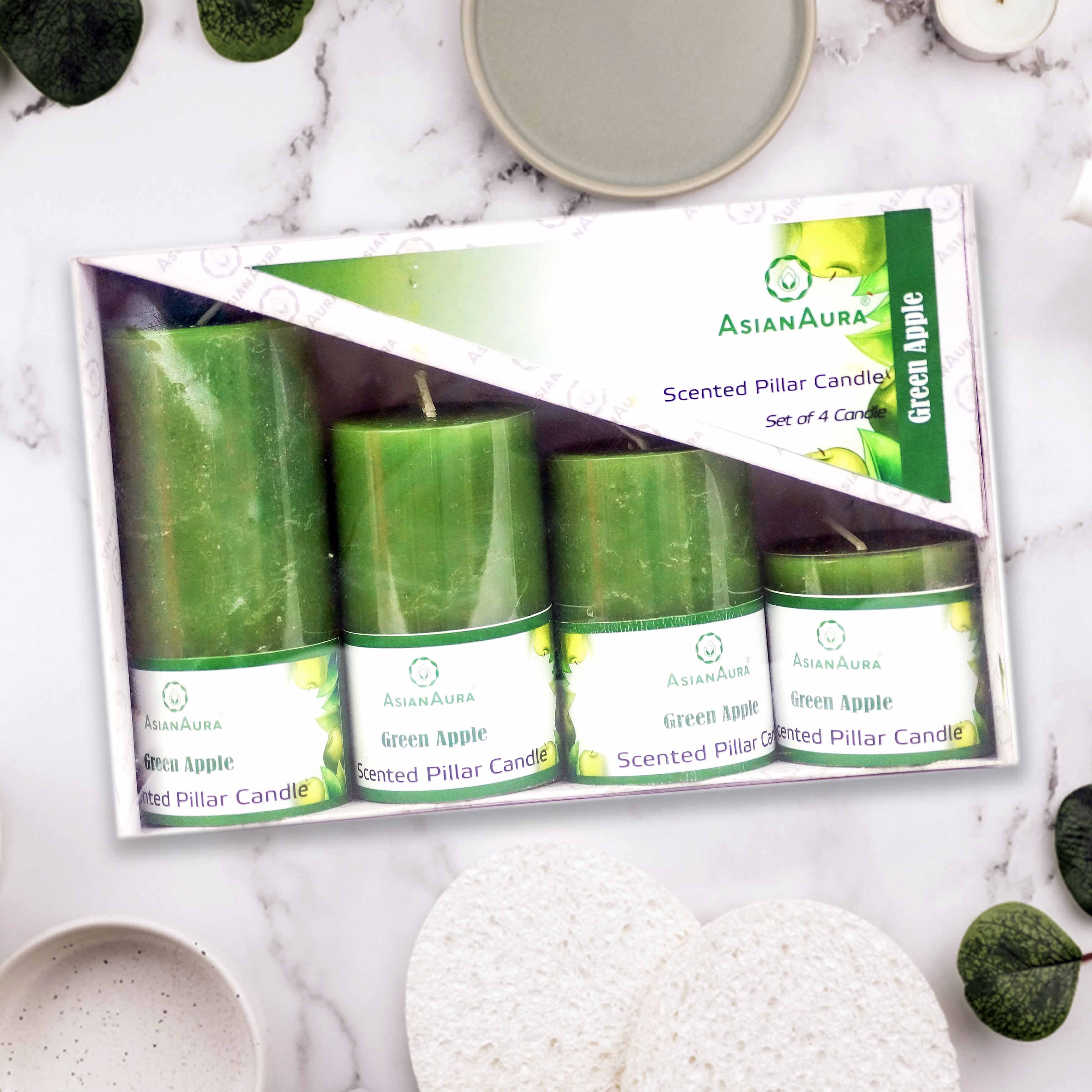 Scented Pillar Candle - Handmade Pure Paraffin Wax, 2x2 To 2x4.5 Inches, Green Color | 20 Hours Burn Time, Rustic Pillar Shape, Cotton Wick