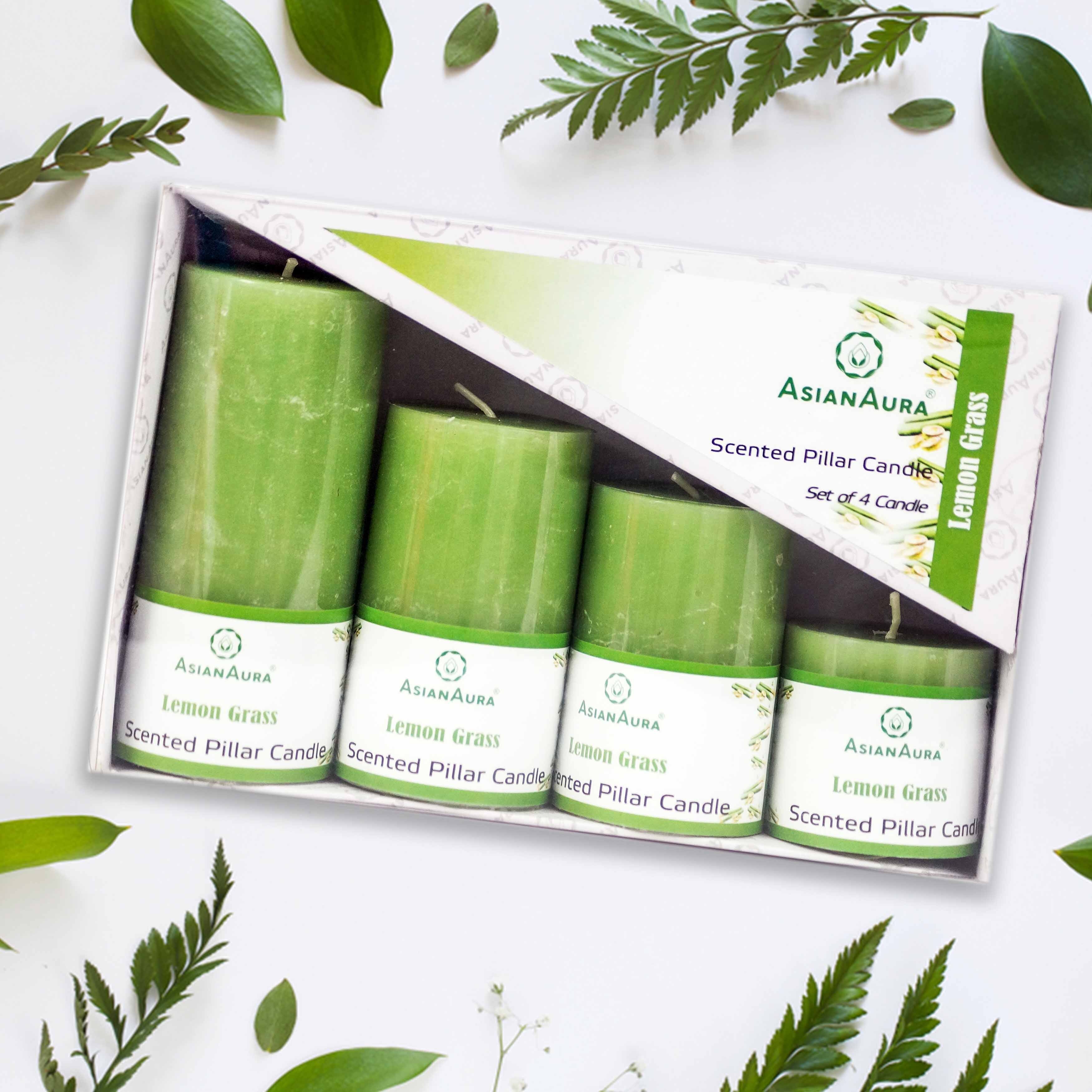 Lemon Grass Scented Pillar Candle Gift Set - Handmade Pure Paraffin Wax , Rustic Pillar Shape, 20 Hours Burning Time, Cotton Wick