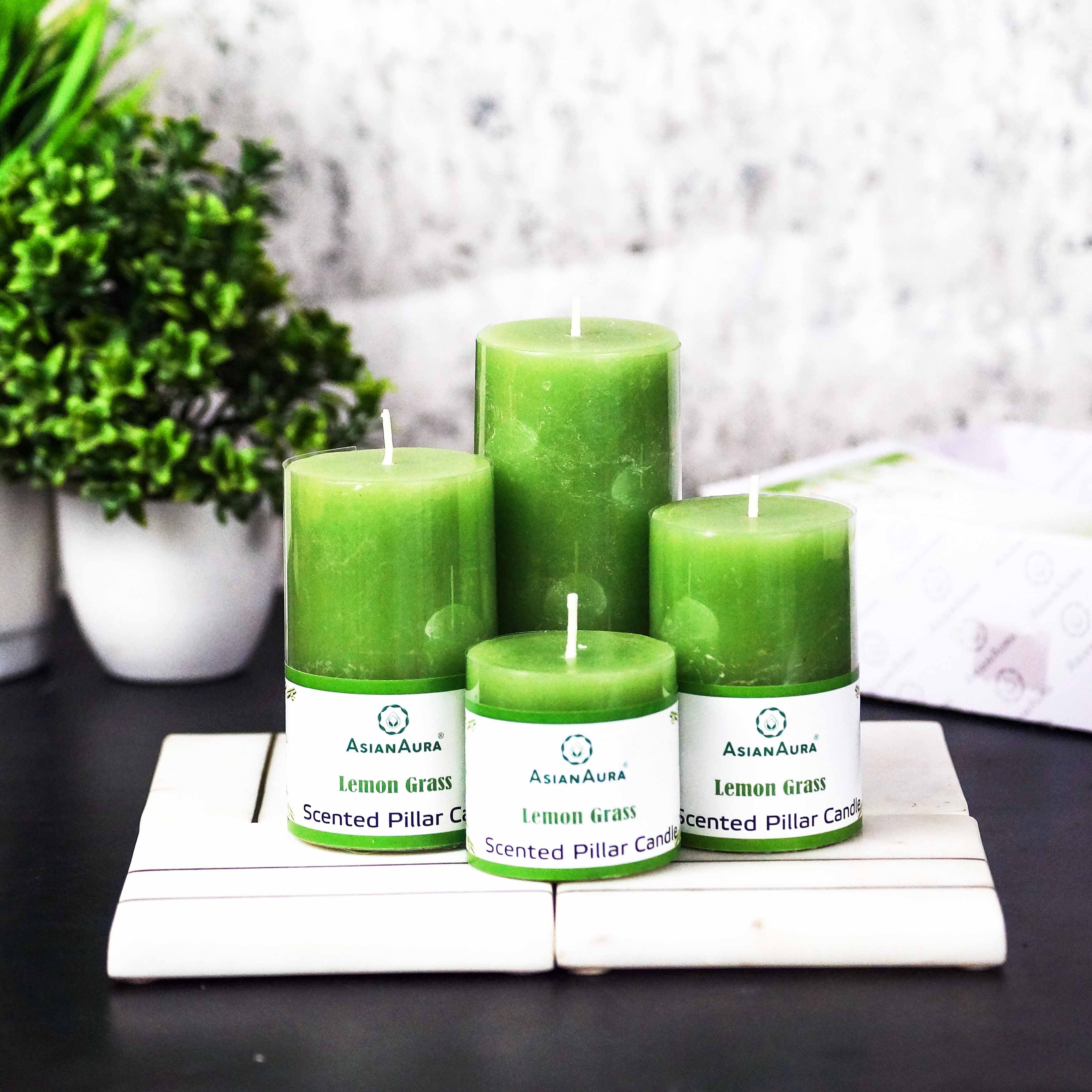 Lemon Grass Scented Pillar Candle Gift Set - Handmade Pure Paraffin Wax , Rustic Pillar Shape, 20 Hours Burning Time, Cotton Wick