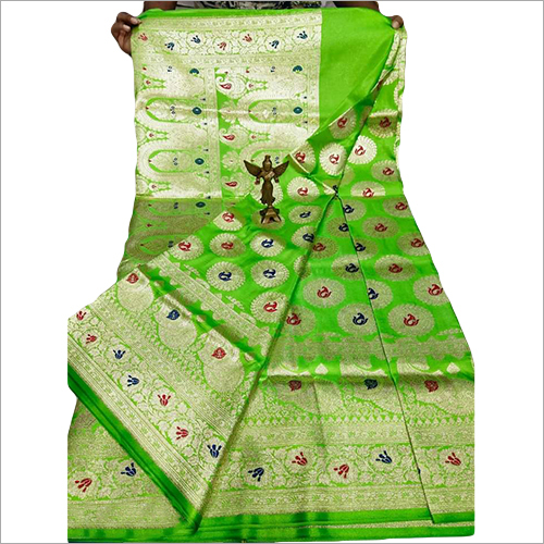 पार्टी वियर मीनाकारी बनारसी लाइम ग्रीन साड़ी