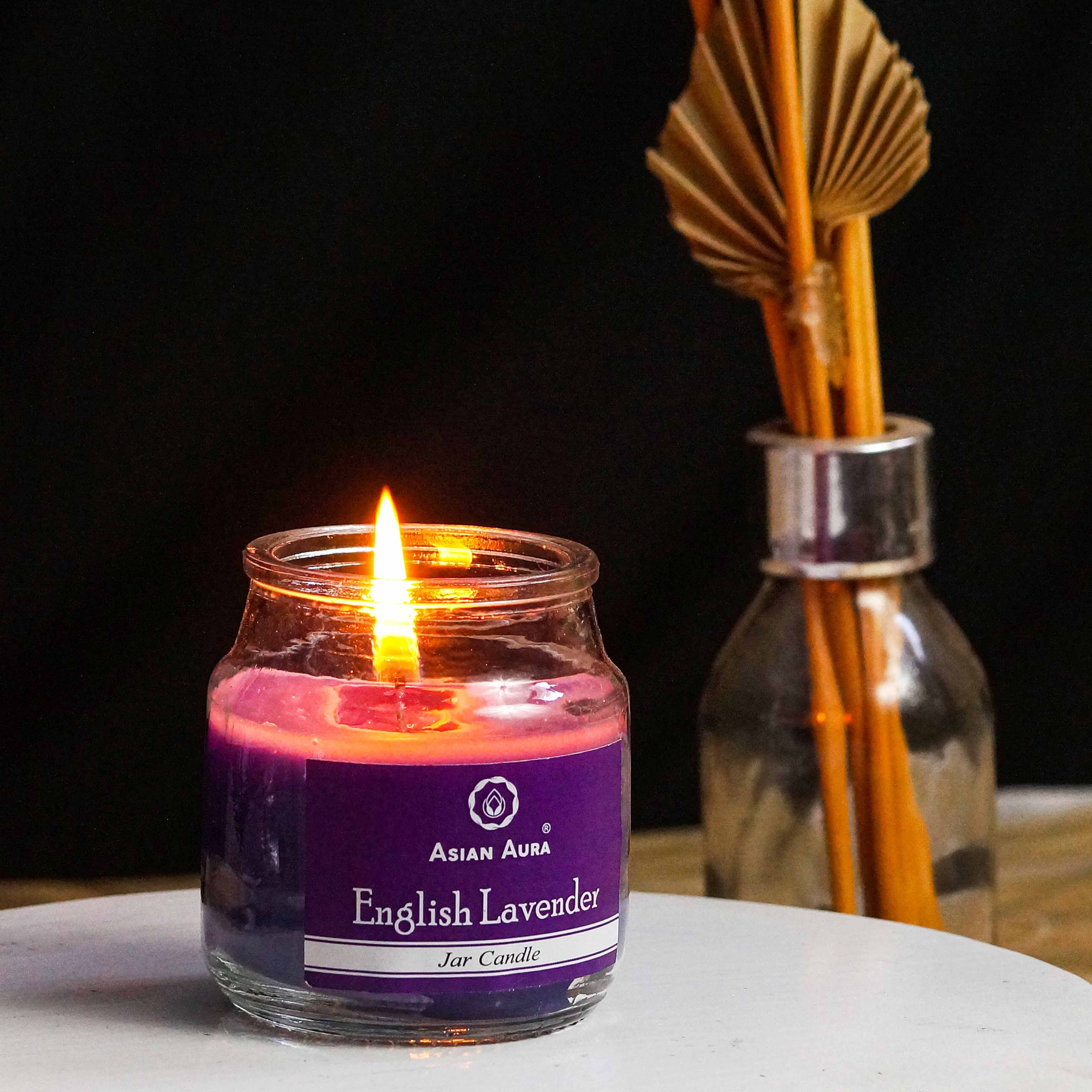 Asian Aura English Lavender Highly Fragrance Jar Candle - Lead-free Paraffin Wax, 5 X 5 X 9 Cm, Purple, Rustic Pillar Shape | Handmade With Cotton Wick, Scented For Home Decoration