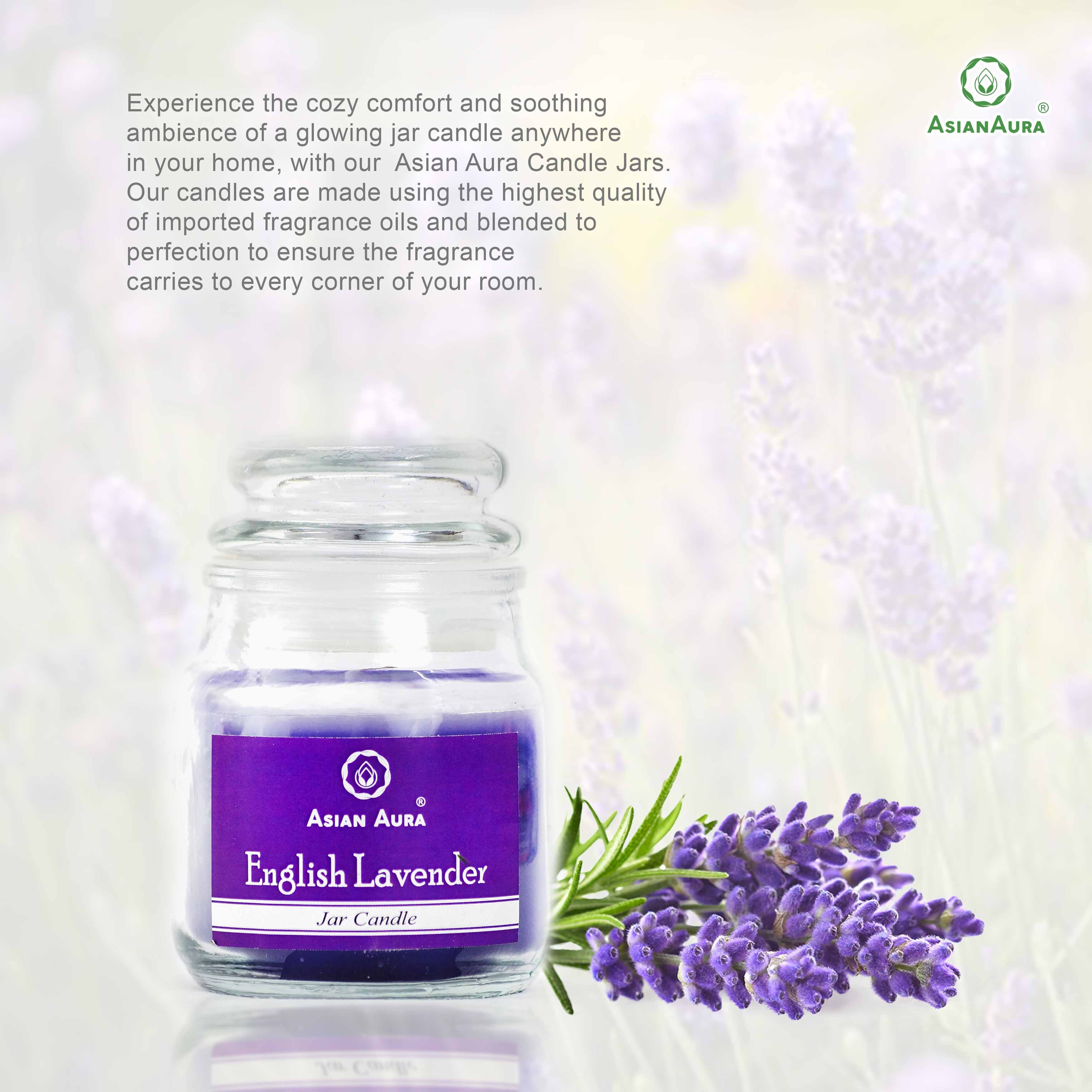 Asian Aura English Lavender Highly Fragrance Jar Candle - Lead-free Paraffin Wax, 5 X 5 X 9 Cm, Purple, Rustic Pillar Shape | Handmade With Cotton Wick, Scented For Home Decoration