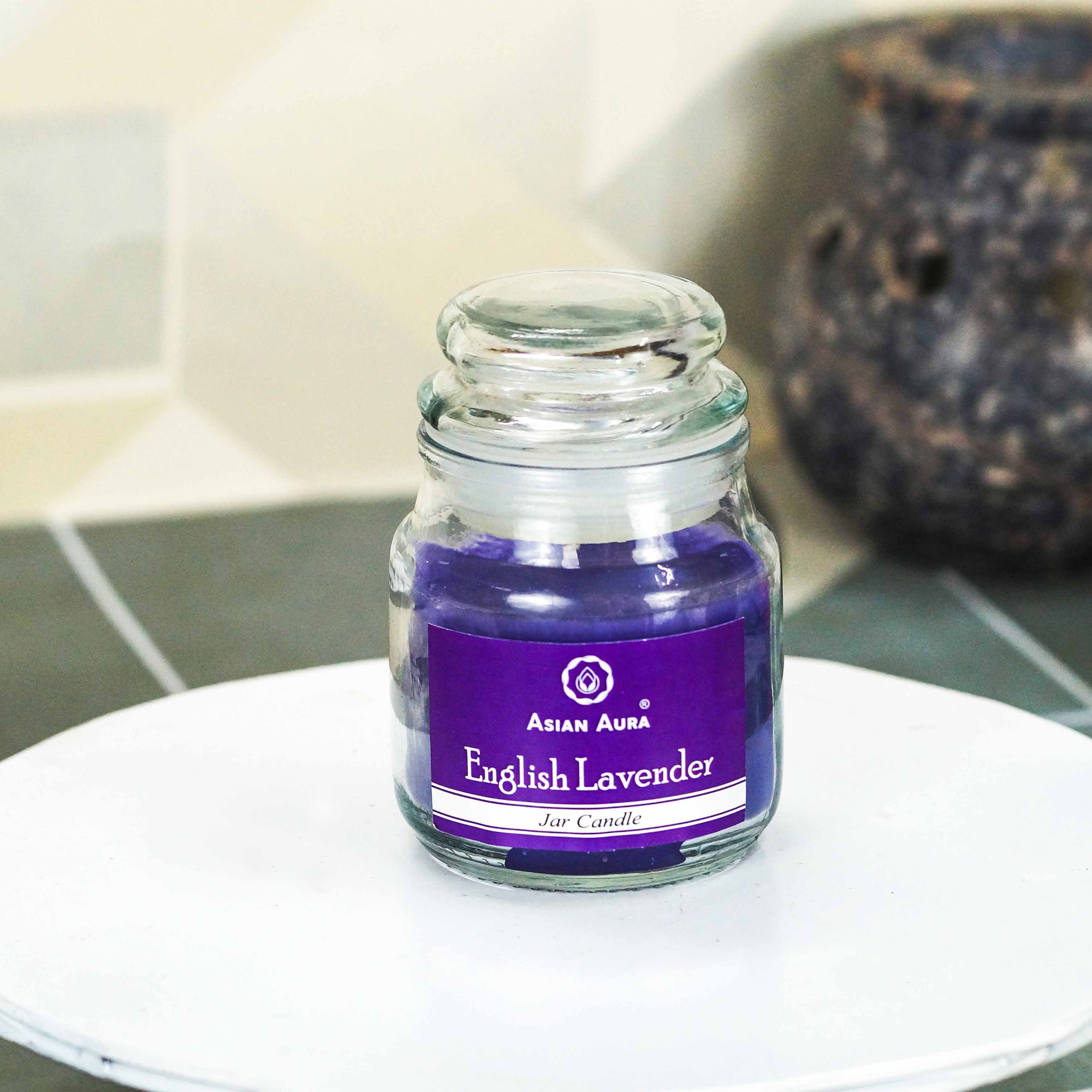 Asian Aura English Lavender Highly Fragrance Jar Candle - Lead-free Paraffin Wax, 5 X 5 X 9 Cm, Purple, Rustic Pillar Shape | Handmade With Cotton Wick, Scented For Home Decoration