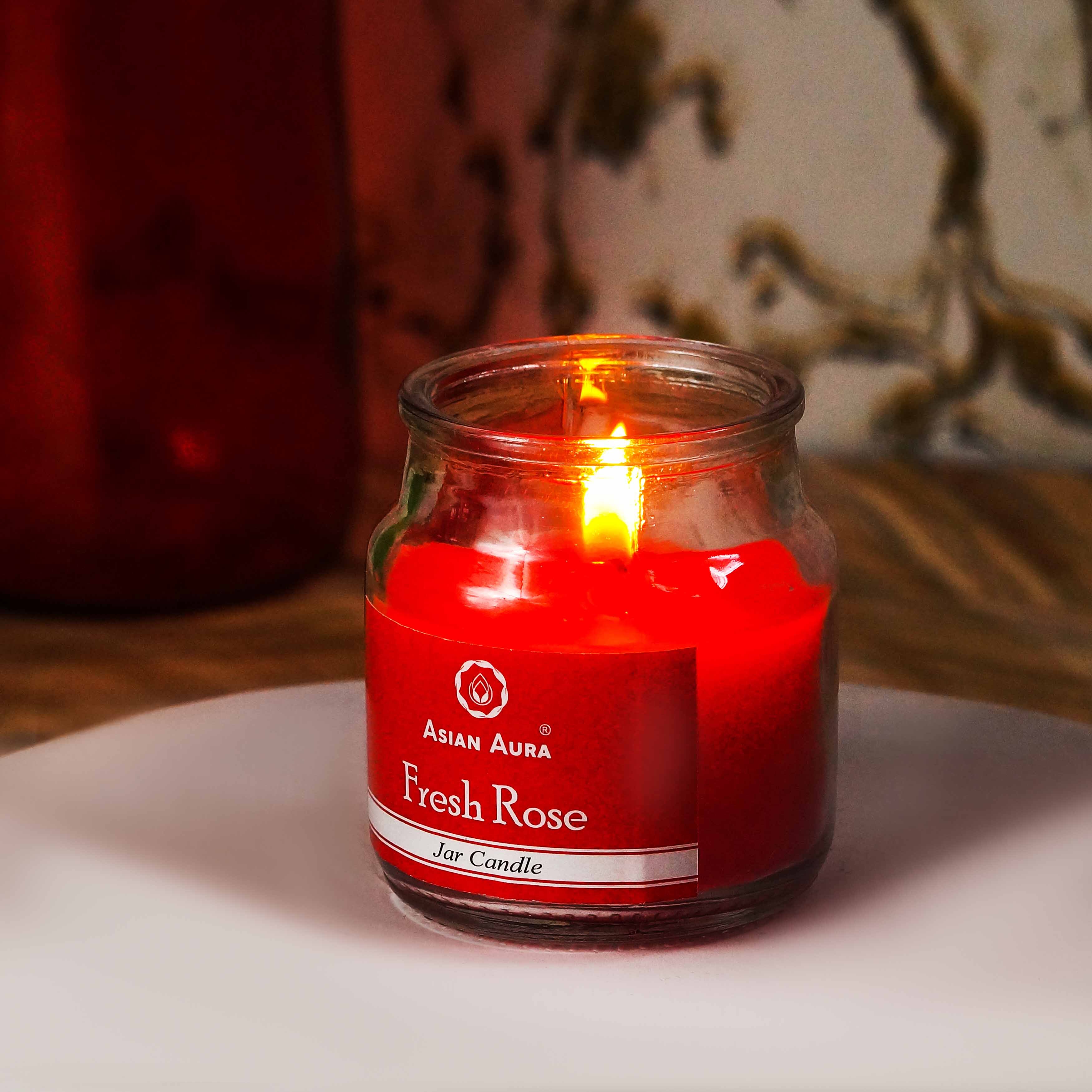 Asian Aura Fresh Rose Highly Fragrance Jar Candle - Pure Paraffin Wax 5 X 5 X 9 Cm Red | Handmade Rustic Pillar Design Cotton Wick 25-hour Burn Time Scented