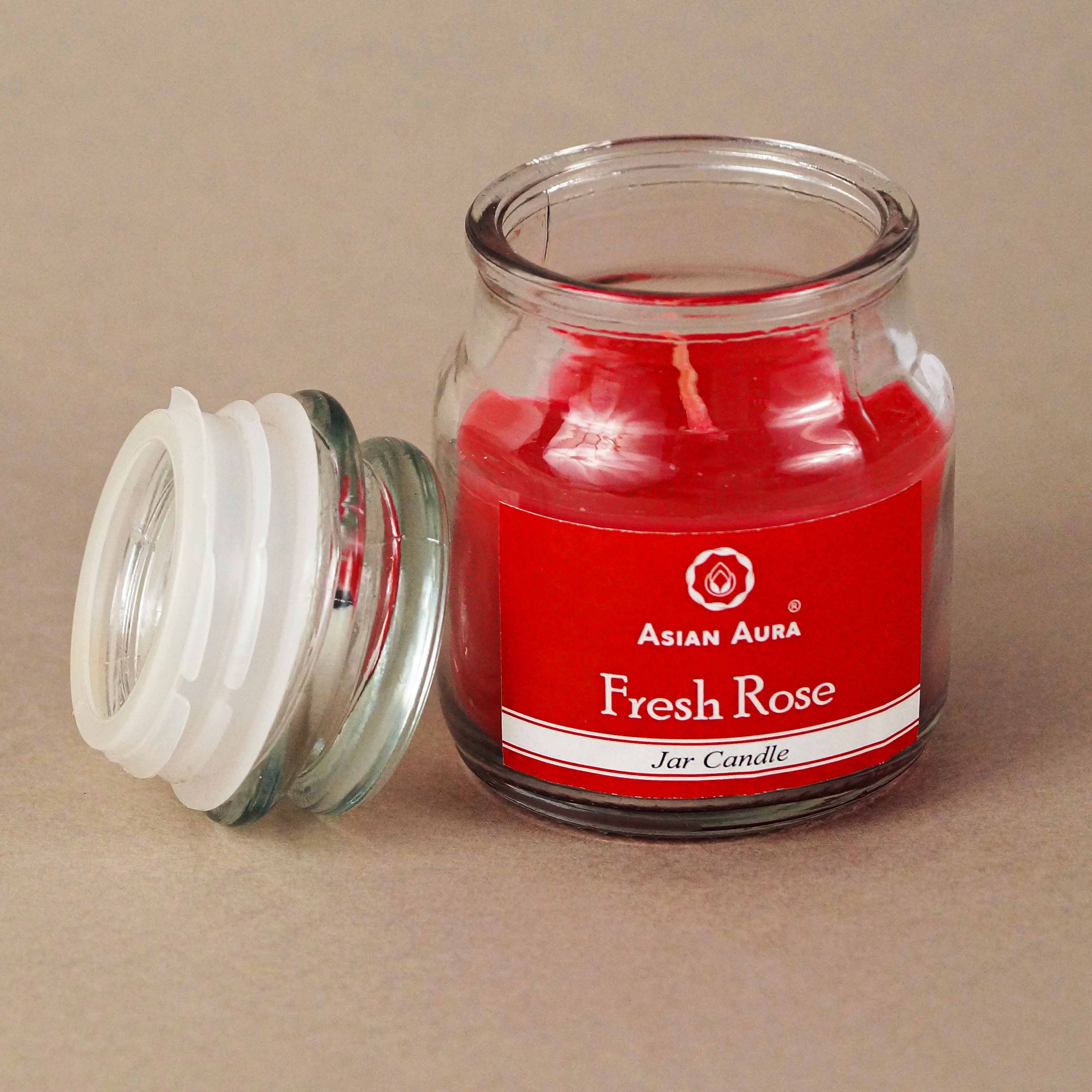 Asian Aura Fresh Rose Highly Fragrance Jar Candle - Pure Paraffin Wax 5 X 5 X 9 Cm Red | Handmade Rustic Pillar Design Cotton Wick 25-hour Burn Time Scented