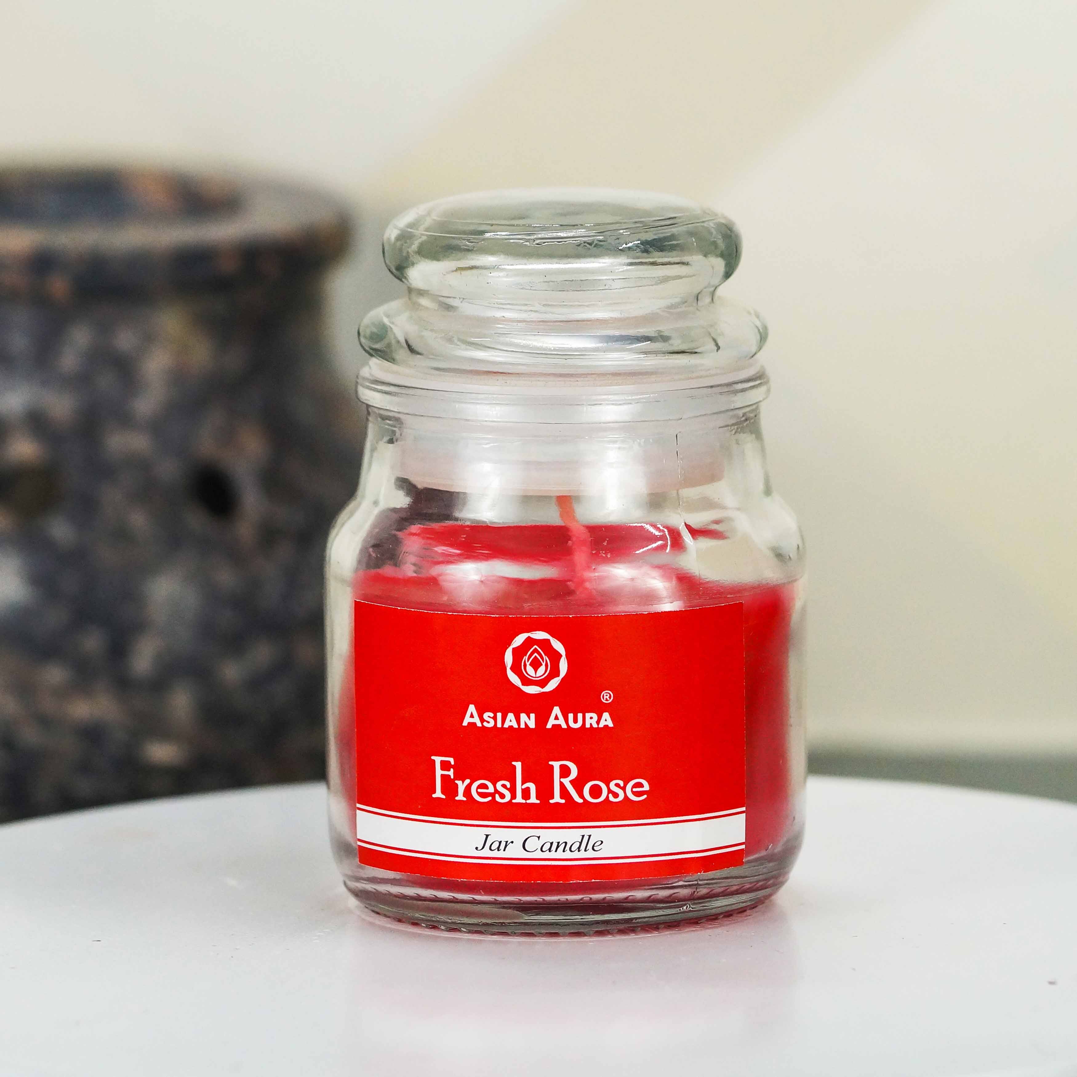 Asian Aura Fresh Rose Highly Fragrance Jar Candle - Pure Paraffin Wax 5 X 5 X 9 Cm Red | Handmade Rustic Pillar Design Cotton Wick 25-hour Burn Time Scented