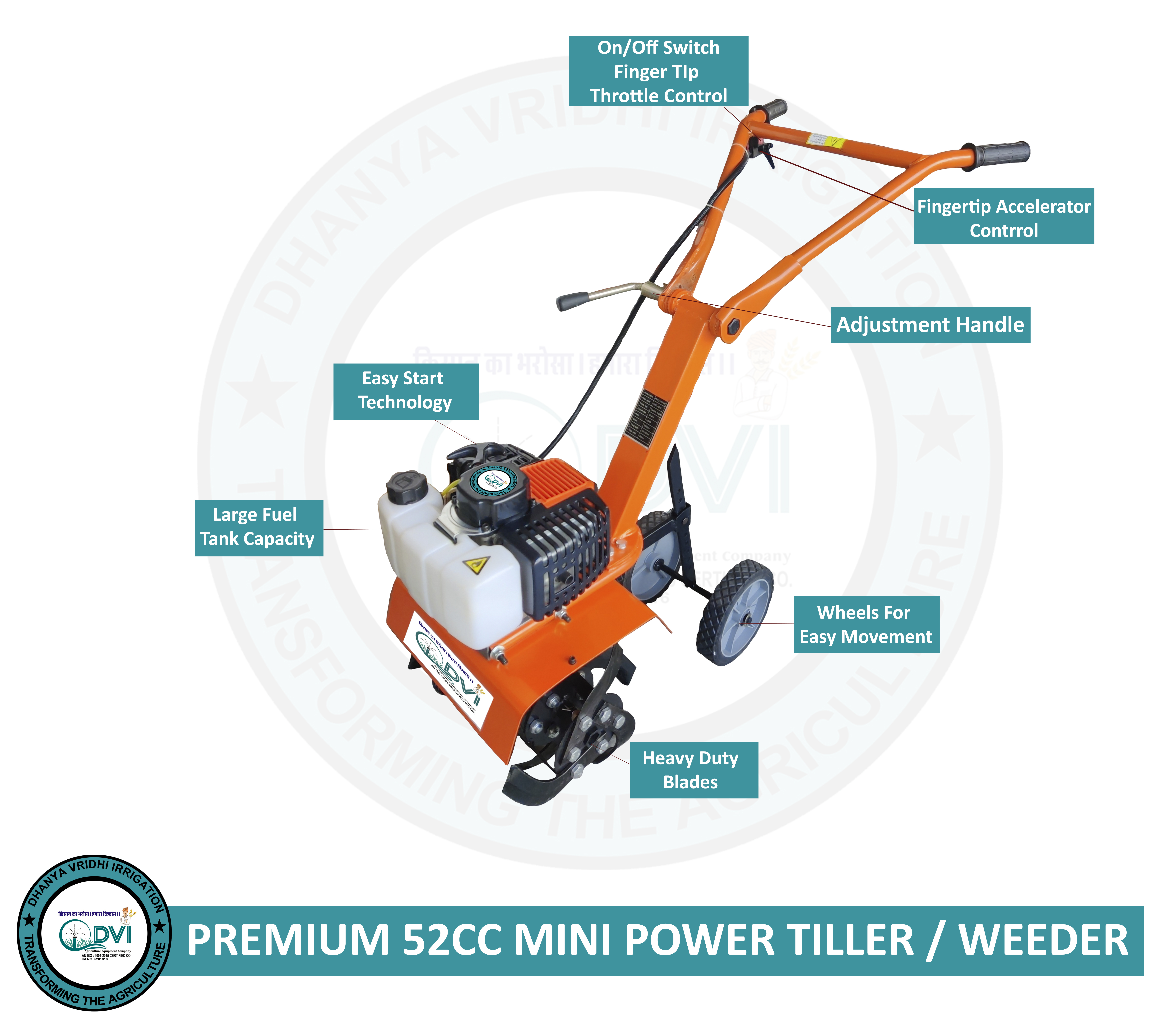 Orange 52cc Mini Power Tiller Rotary Weeder