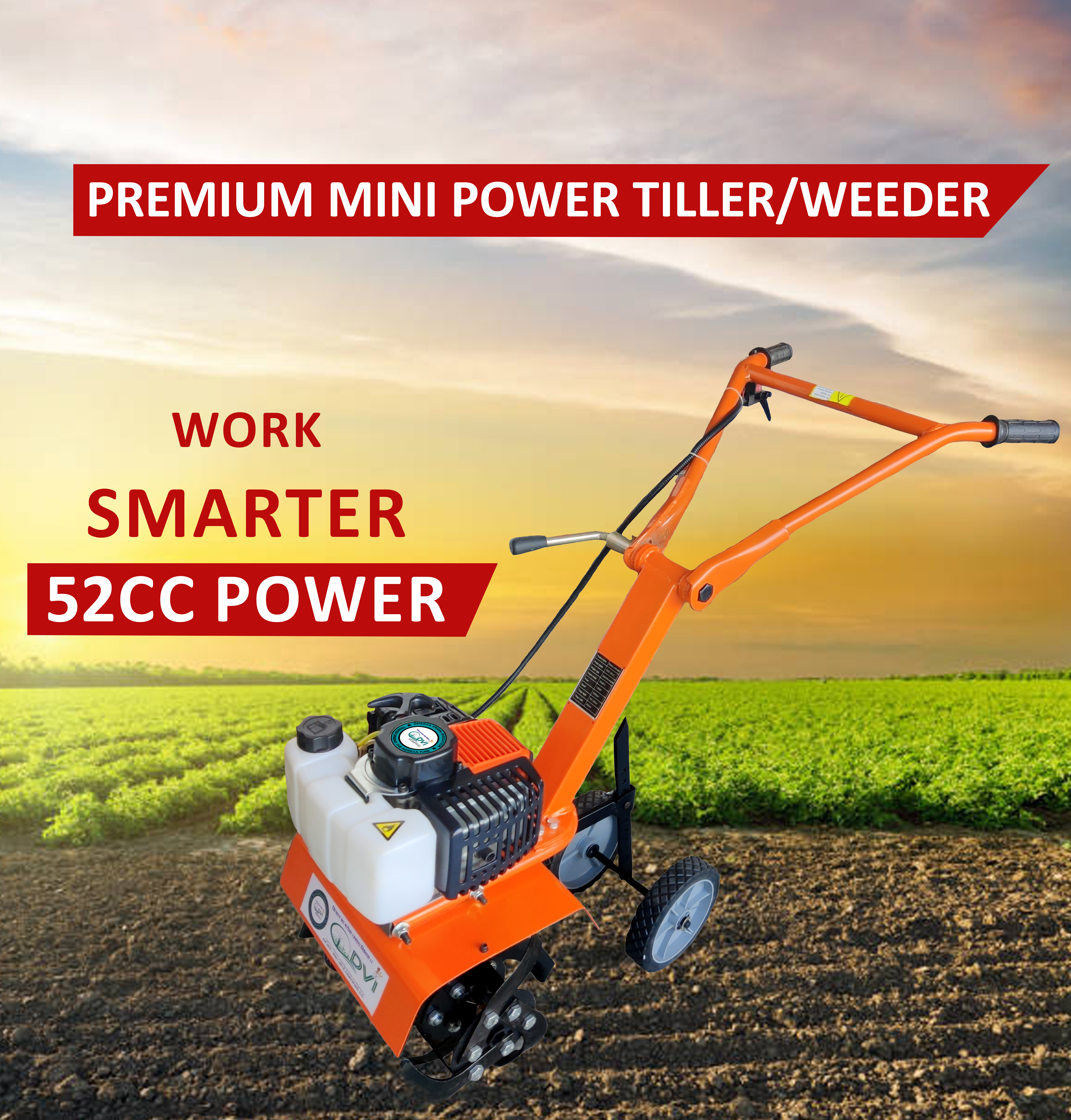 Orange 52cc Mini Power Tiller Rotary Weeder