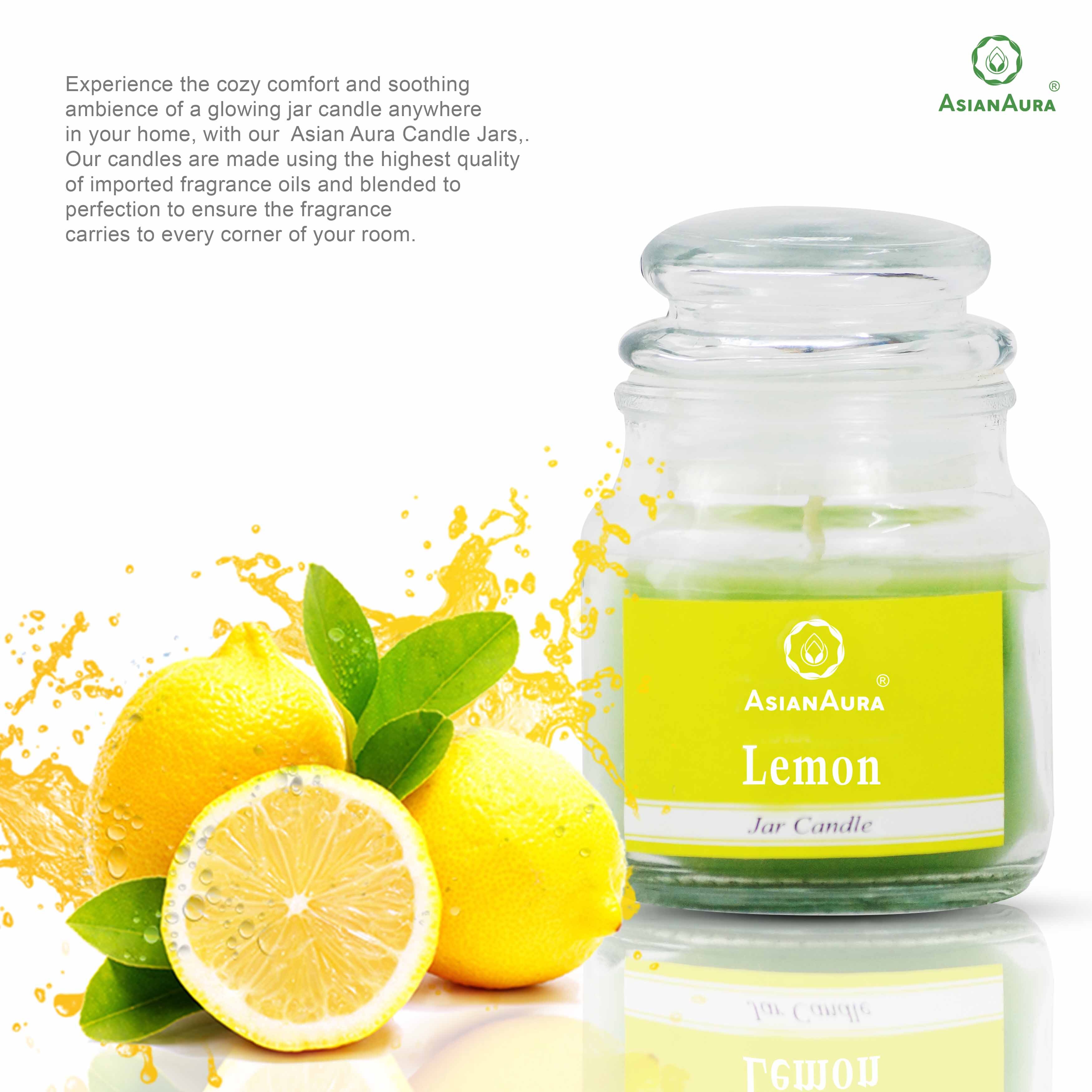 Asian Aura Lemon Highly Fragranced Jar Candle (Pack Of 1) - Paraffin Wax, 5 X 5 X 9 Cm, Green, Rustic Pillar Shape | Handmade, Cotton Wick, Scented For Weddings, Home Decoration, Birthdays, Parties