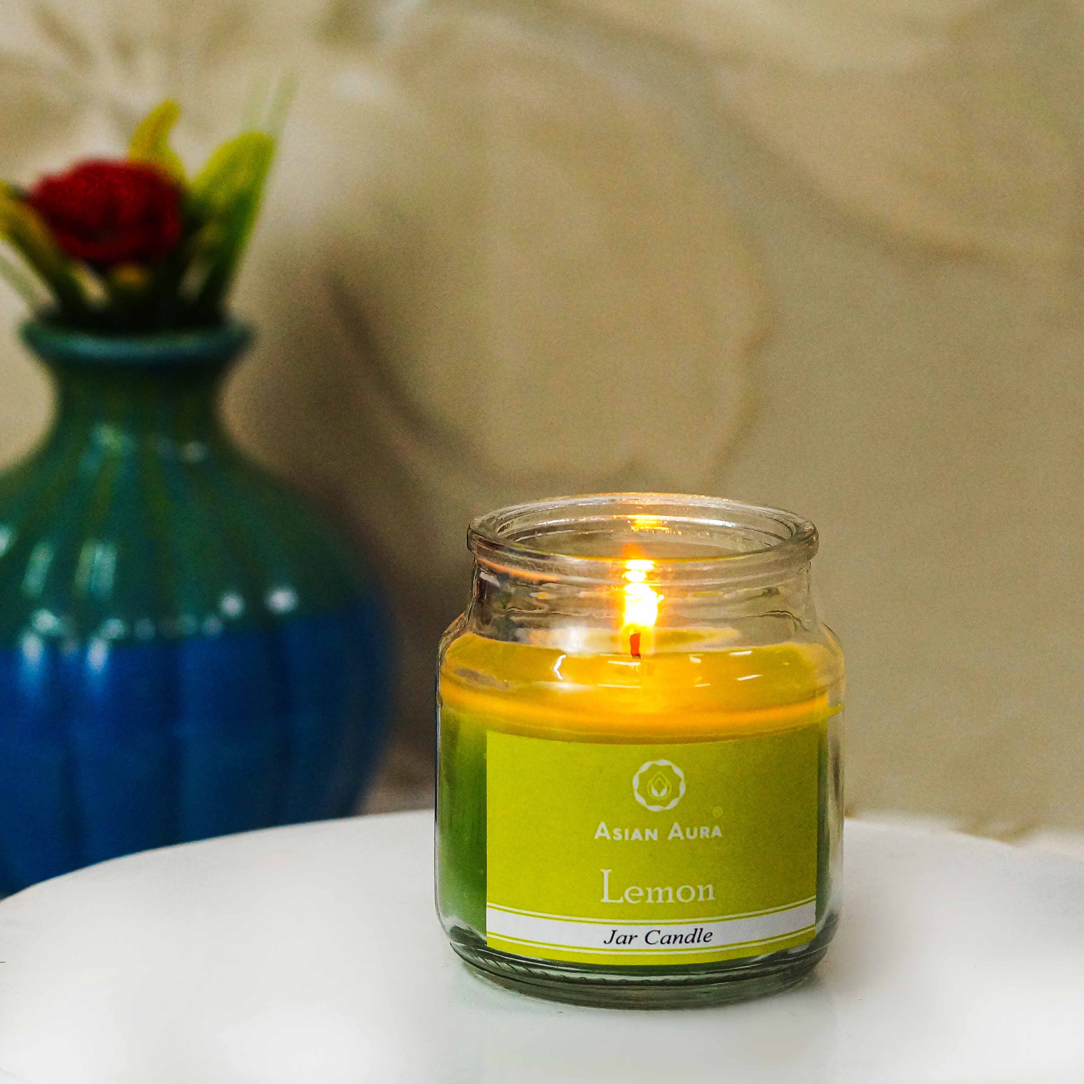 Asian Aura Lemon Highly Fragranced Jar Candle (Pack Of 1) - Paraffin Wax, 5 X 5 X 9 Cm, Green, Rustic Pillar Shape | Handmade, Cotton Wick, Scented For Weddings, Home Decoration, Birthdays, Parties