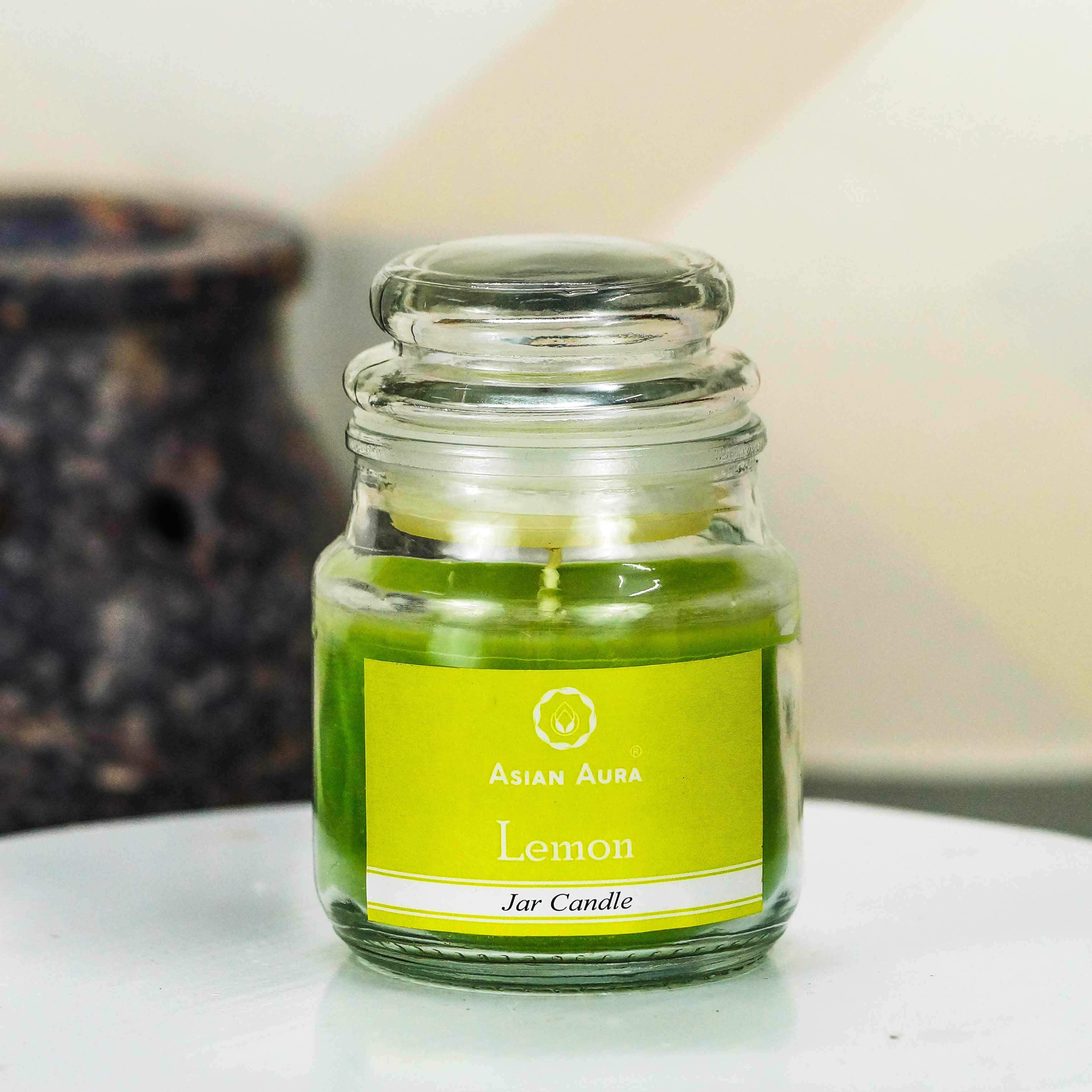 Asian Aura Lemon Highly Fragranced Jar Candle (Pack Of 1) - Paraffin Wax, 5 X 5 X 9 Cm, Green, Rustic Pillar Shape | Handmade, Cotton Wick, Scented For Weddings, Home Decoration, Birthdays, Parties
