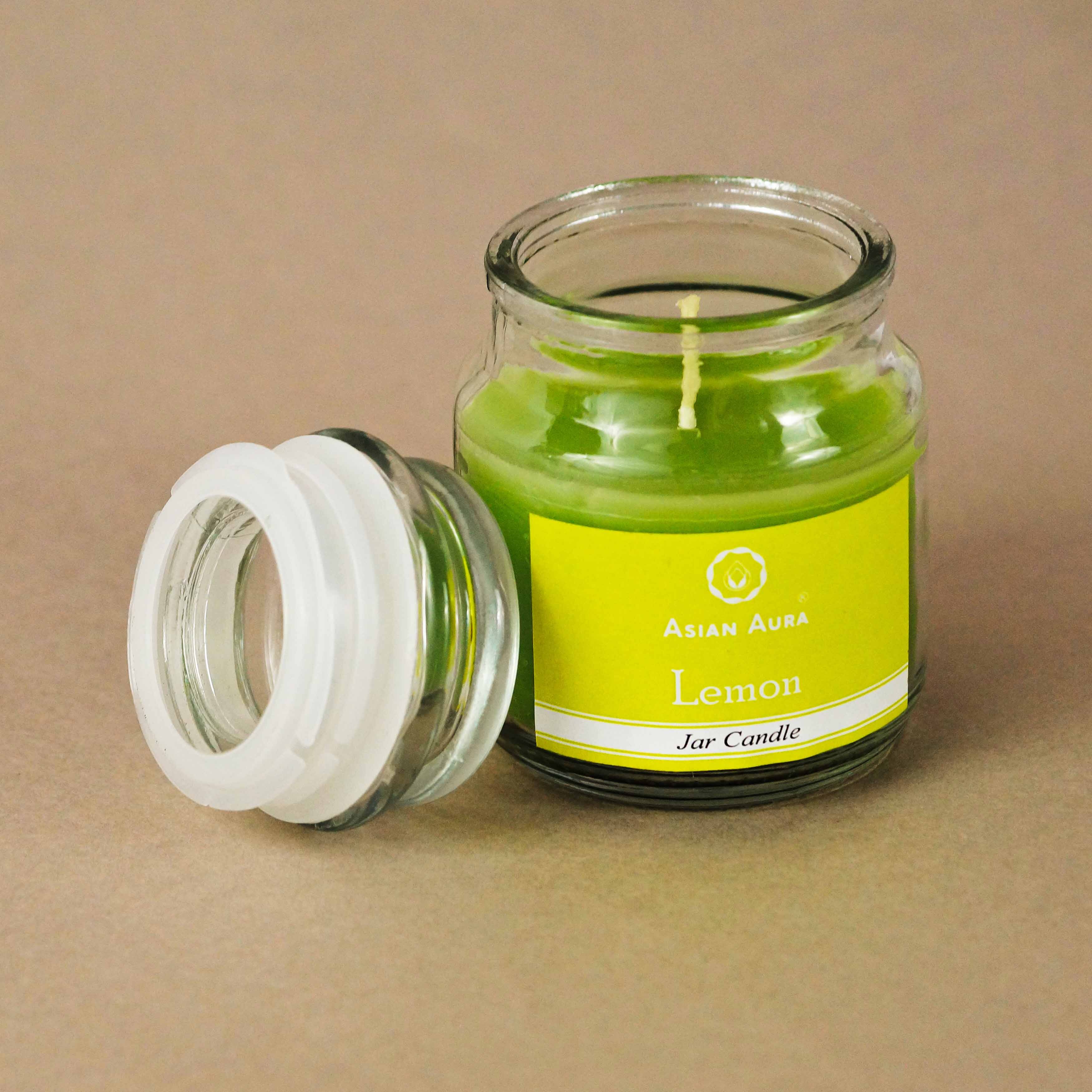 Asian Aura Lemon Highly Fragranced Jar Candle (Pack Of 1) - Paraffin Wax, 5 X 5 X 9 Cm, Green, Rustic Pillar Shape | Handmade, Cotton Wick, Scented For Weddings, Home Decoration, Birthdays, Parties