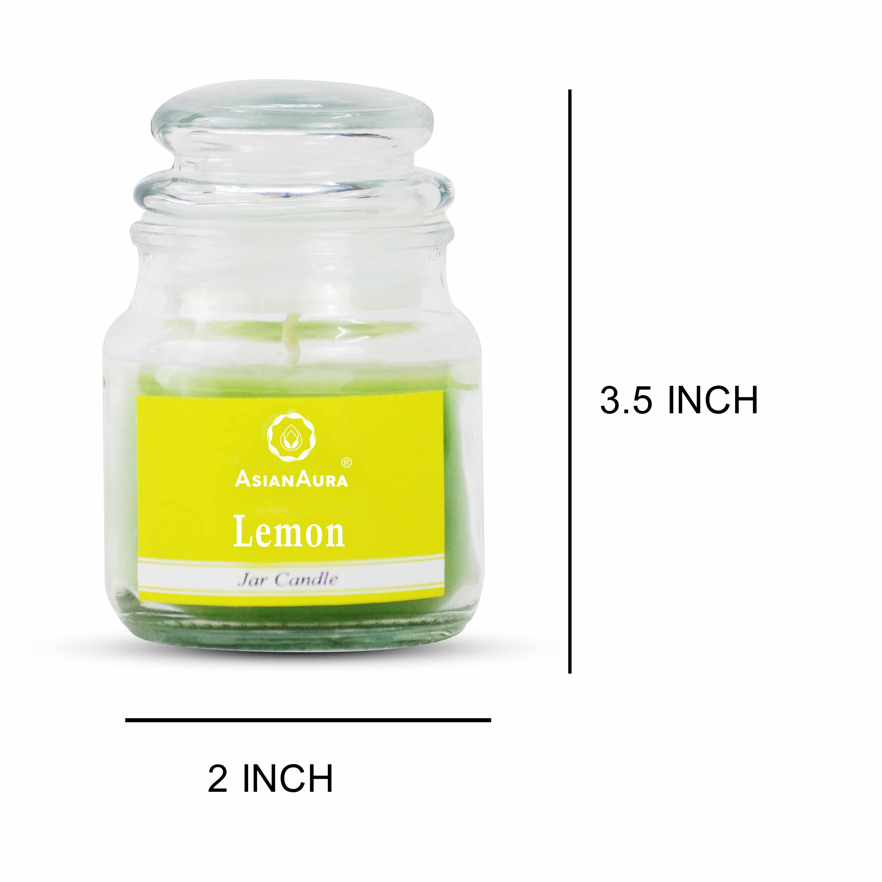 Asian Aura Lemon Highly Fragranced Jar Candle (Pack Of 1) - Paraffin Wax, 5 X 5 X 9 Cm, Green, Rustic Pillar Shape | Handmade, Cotton Wick, Scented For Weddings, Home Decoration, Birthdays, Parties