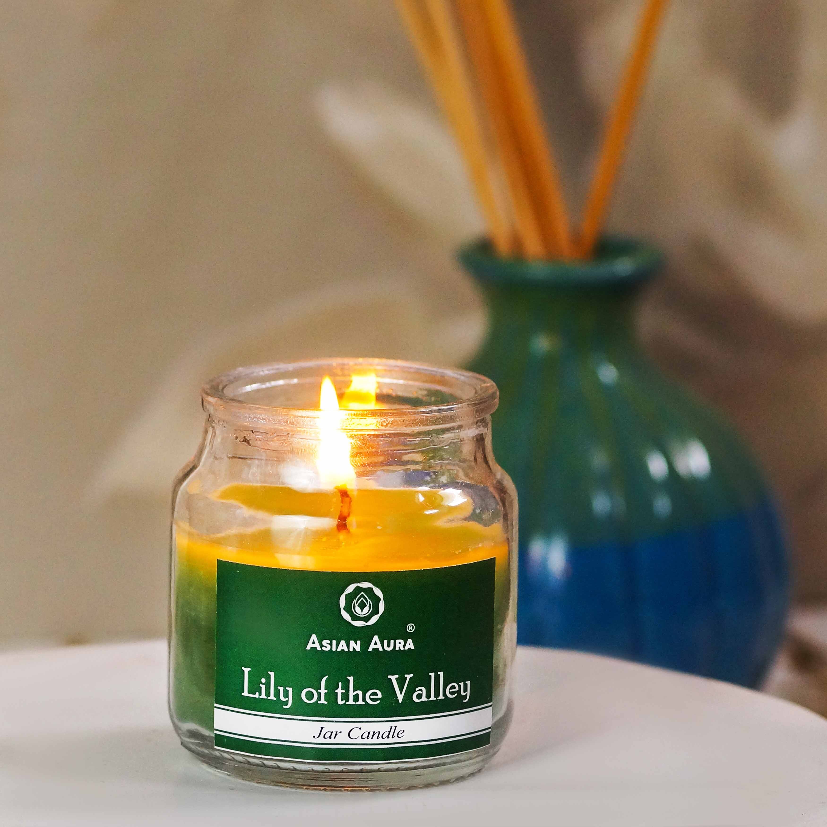 Asian Aura Lily Of The Valley Highly Fragranced Jar Candle - Paraffin Wax, 5 X 5 X 9 Cm, Green, Handmade Rustic Pillar With Cotton Wick, Infuses Relaxation