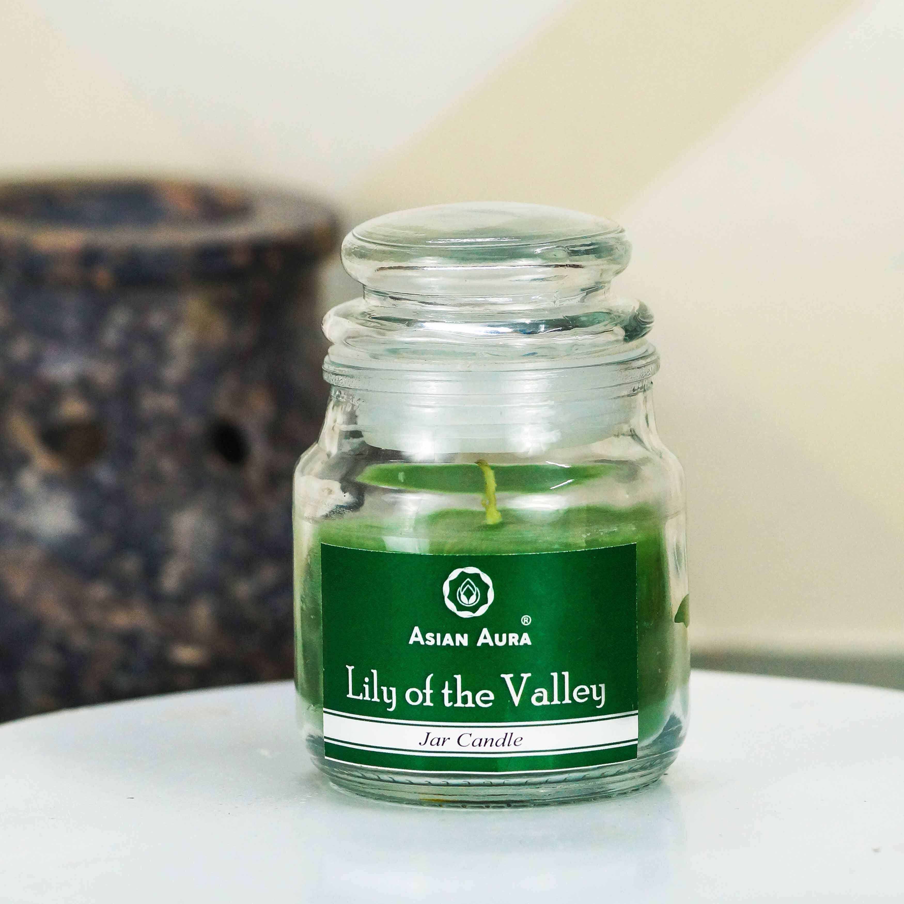 Asian Aura Lily Of The Valley Highly Fragranced Jar Candle - Paraffin Wax, 5 X 5 X 9 Cm, Green, Handmade Rustic Pillar With Cotton Wick, Infuses Relaxation