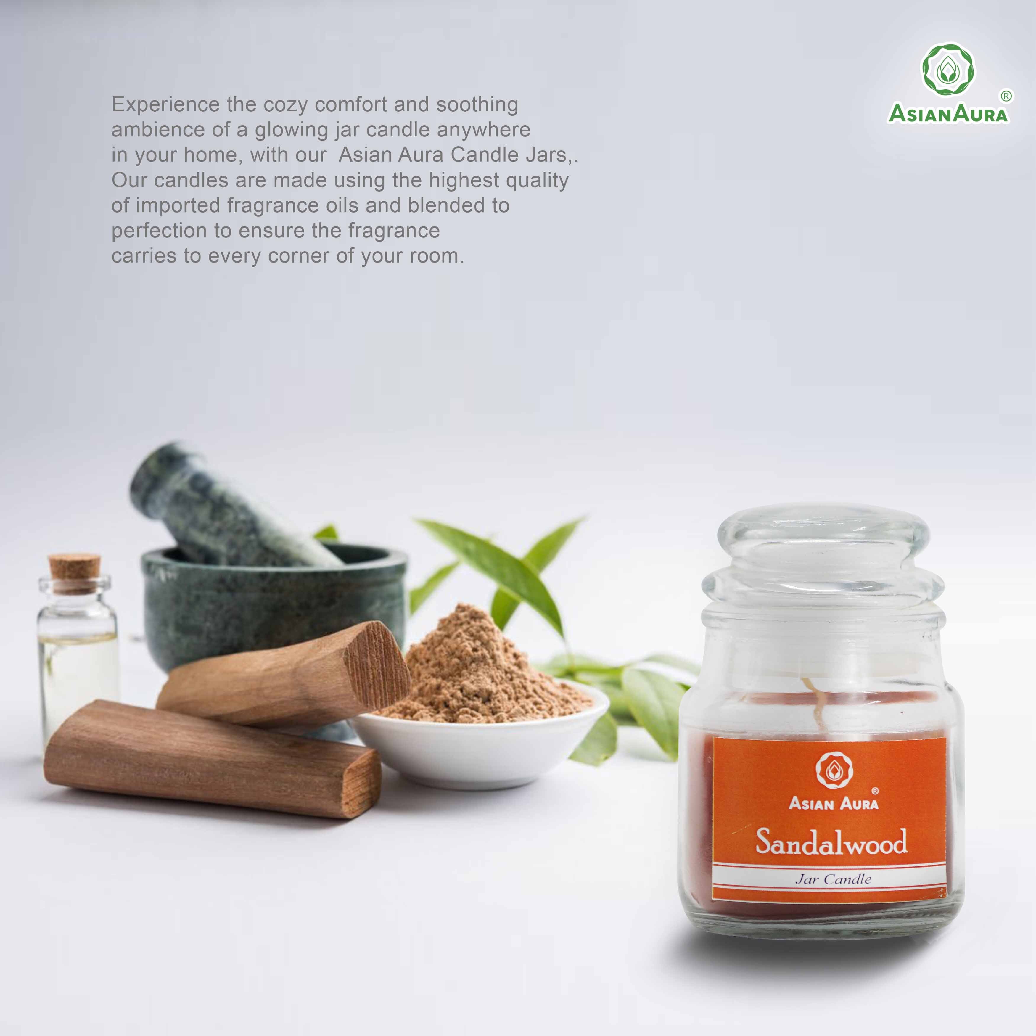 Asian Aura Sandalwood Highly Fragranced Jar Candle - Lead-free Paraffin Wax, 5 X 5 X 9 Cm, Brown | Handmade, Rustic Pillar Shape, 25 Hours Burn Time