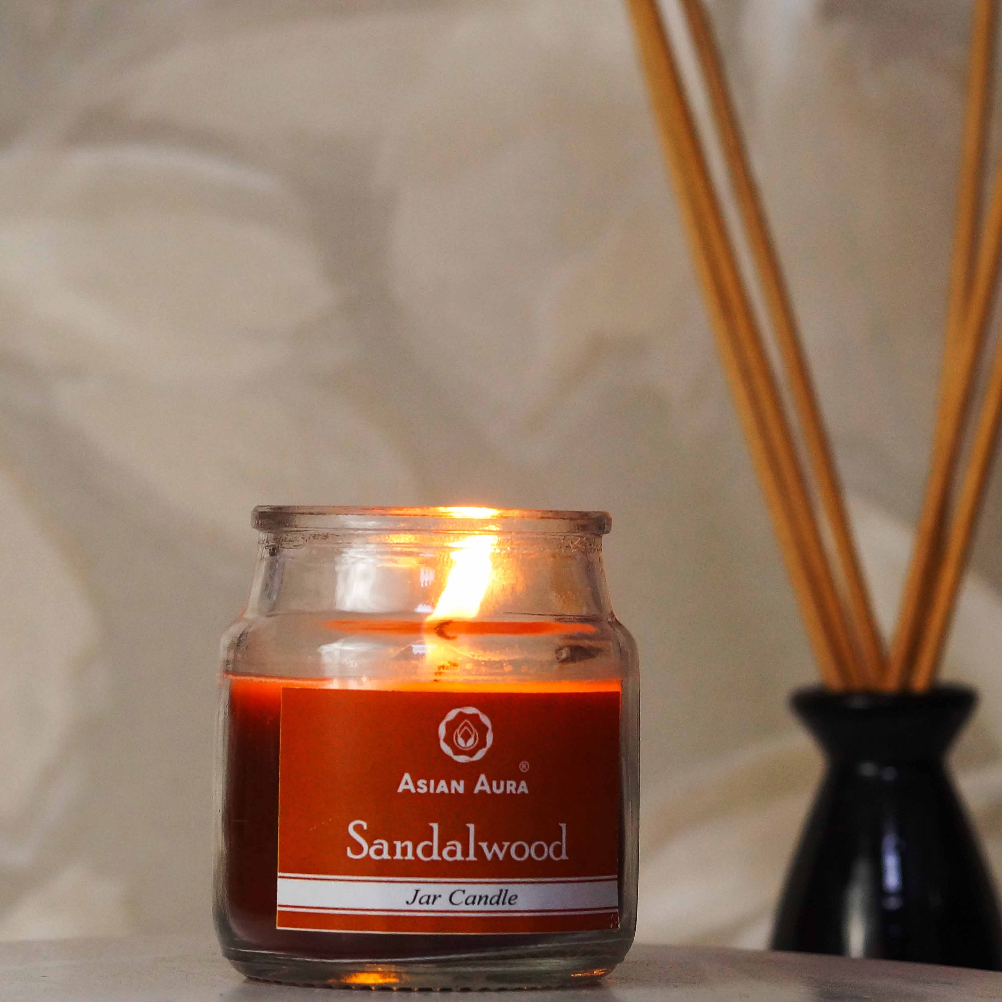 Asian Aura Sandalwood Highly Fragranced Jar Candle - Lead-free Paraffin Wax, 5 X 5 X 9 Cm, Brown | Handmade, Rustic Pillar Shape, 25 Hours Burn Time