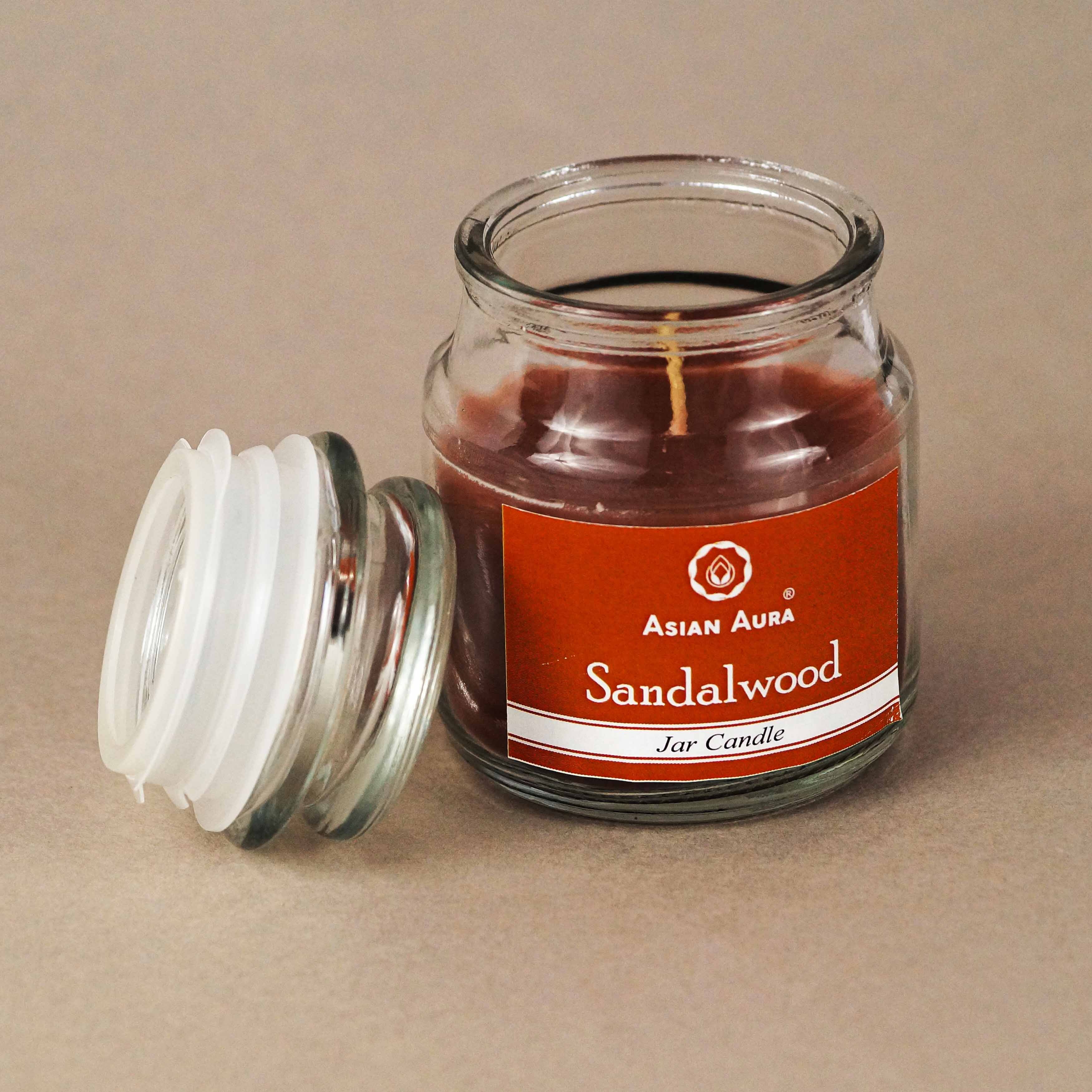 Asian Aura Sandalwood Highly Fragranced Jar Candle - Lead-free Paraffin Wax, 5 X 5 X 9 Cm, Brown | Handmade, Rustic Pillar Shape, 25 Hours Burn Time