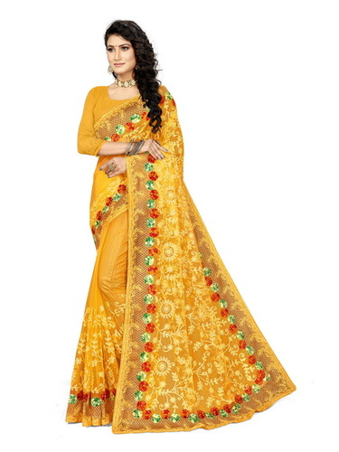 EXCLUSIVE Yellow COLOUR IN NETT FABRIC WITH WORK OF Fancy Designer Multi  Embroidery Work Weaving Work With Heavy Daimond Work