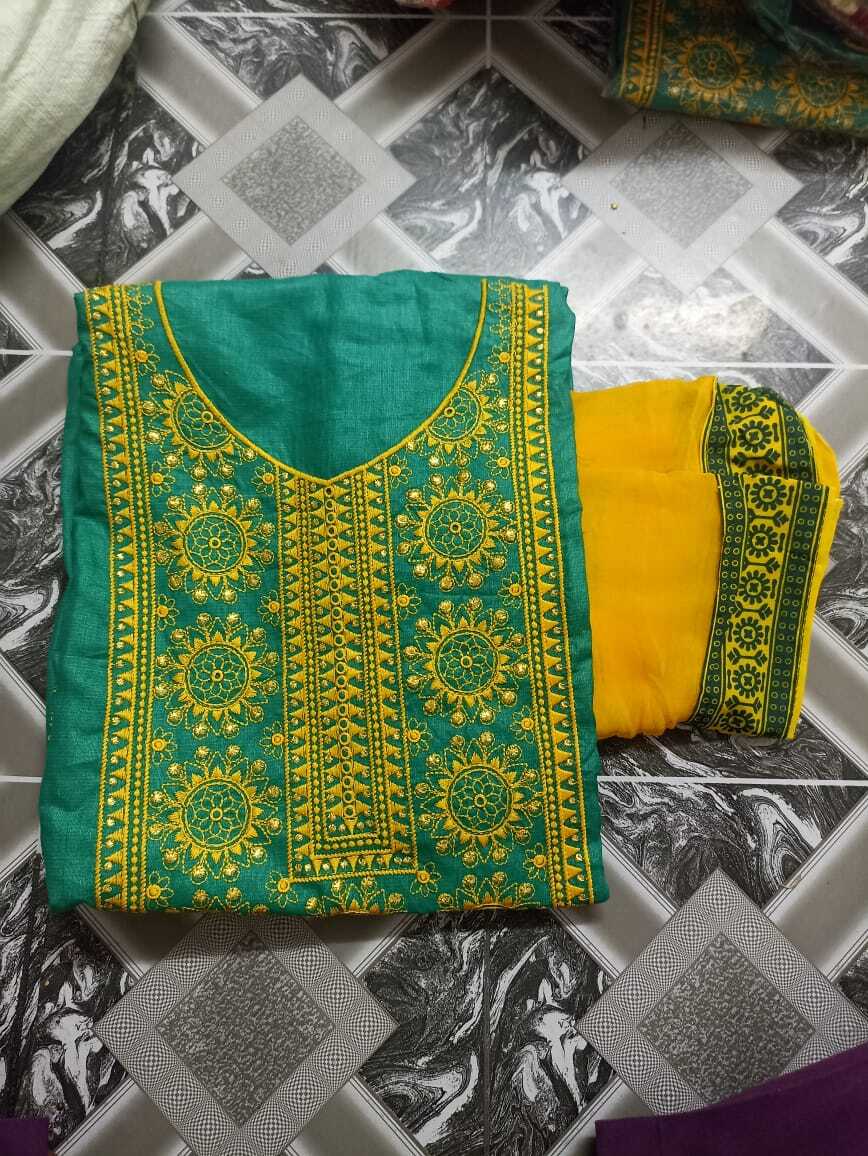 Dress Material - Cotton Chanderi Collection | Traditional Ethnic Wear, Customized Size, Embroidered Pattern, Washable Top + Bottom + Dupatta