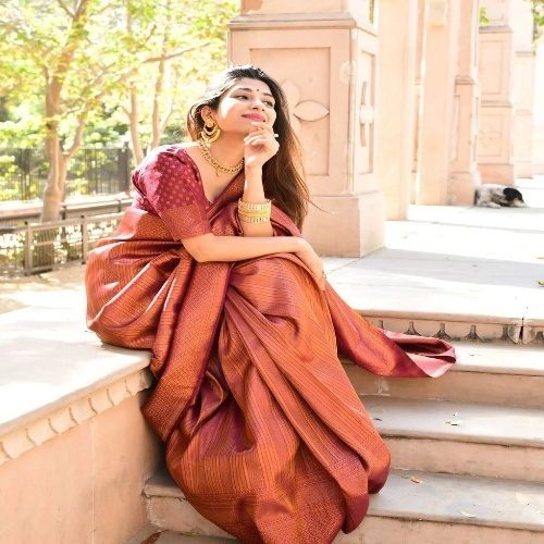 Soft Banarsi Silk Saree with Blouse - Stunning Dark Maroon Color, Copper Zari Weaving, 5.5 Meter Length, Washable & No Fade Features, All Season Wear