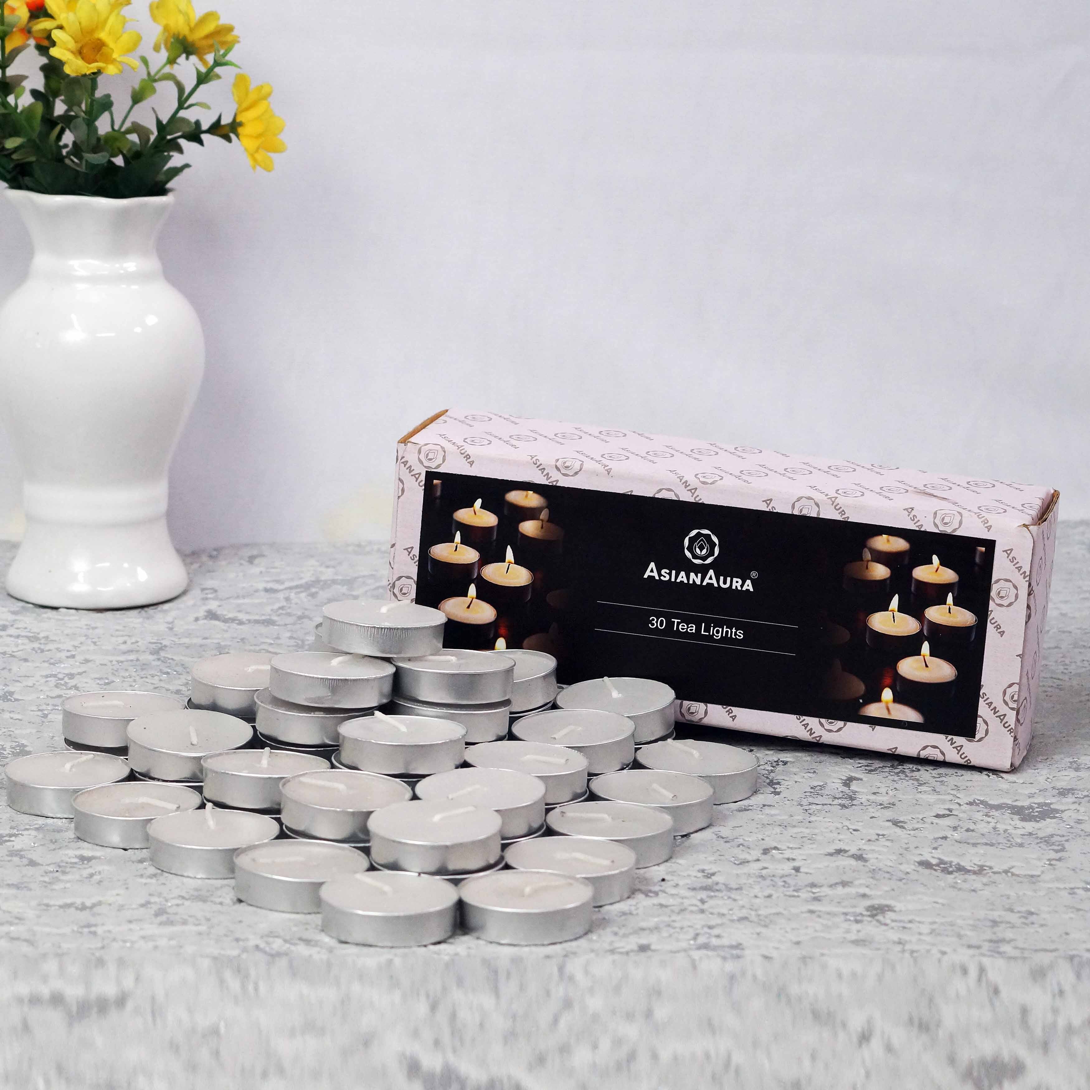 Asian Aura Smokeless T-light Candles - Paraffin Wax 10x10x5 Cm White | Handmade Cotton Wick Scented Long-lasting 3-4 Hours Burning Time