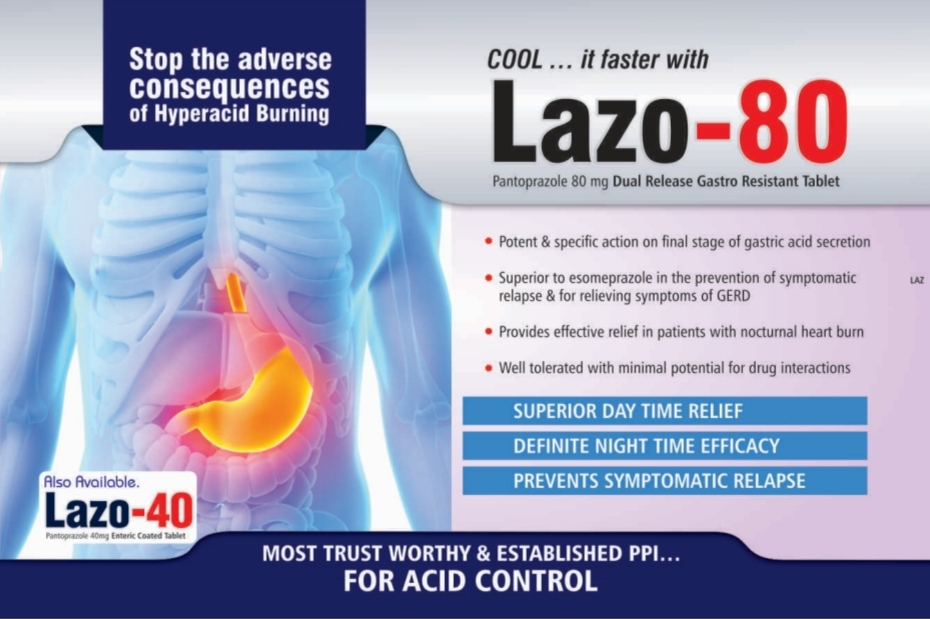 Lazo 40 Tablet - Pantoprazole Sodium 40mg + Domperidone 30mg | Treats Heartburn, Gerd, Ulcers, Zollinger-ellison Syndrome, Dosage: Once Daily Before Meal