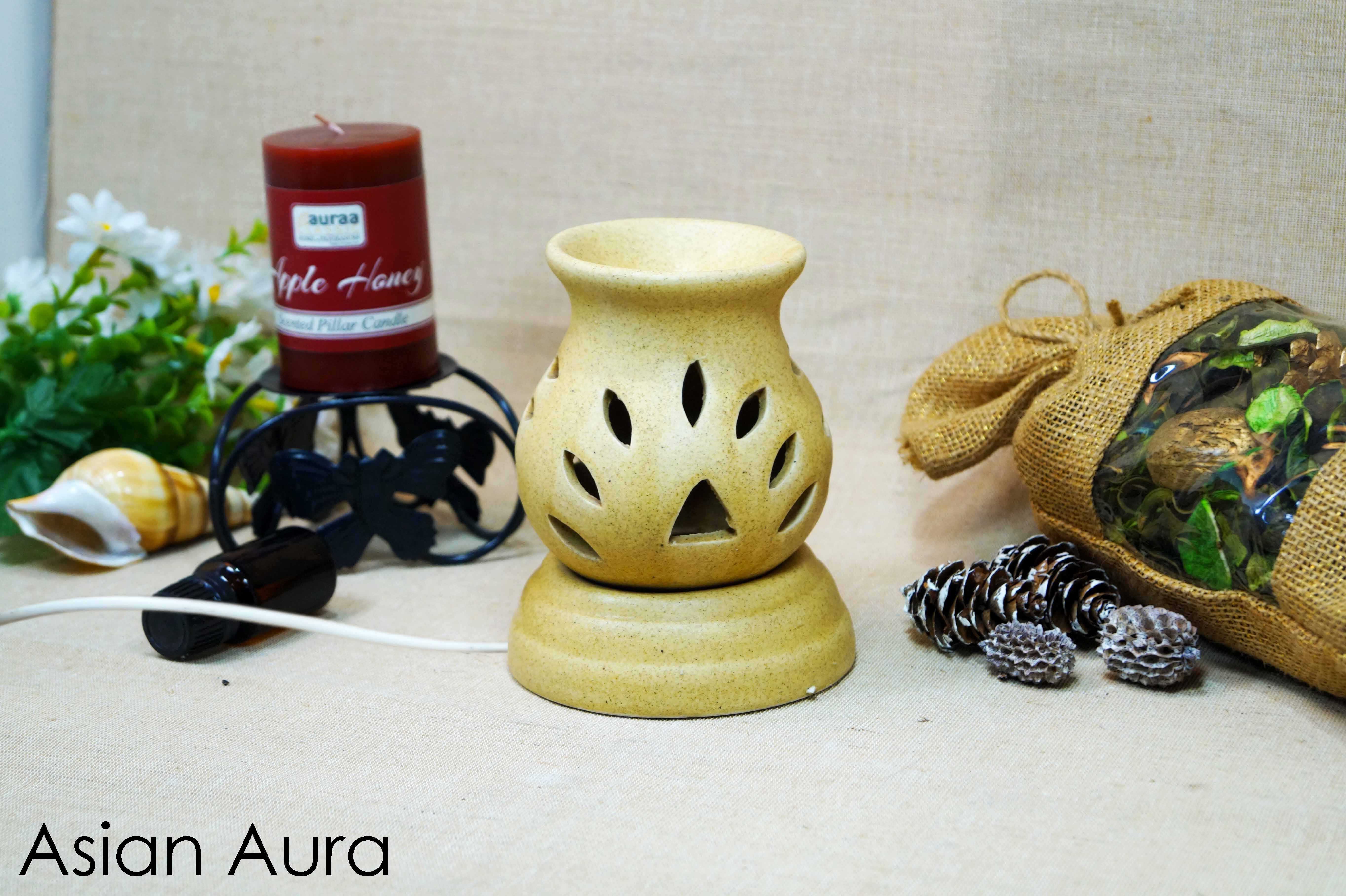 Asian Aura - Ceramic Aroma Oil Diffuser With 2 Aroma Oil Bottles | Elegant Design Long-lasting Fragrance Suitable For Home Or Office Use