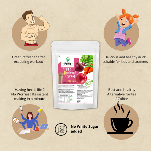 Prifo Abc Choco Milk Mix Powder - 250g Natural Drink With Apple, Beetroot, Carrot, No White Sugar, Energy Boost, Improves Digestion, Skin Benefits