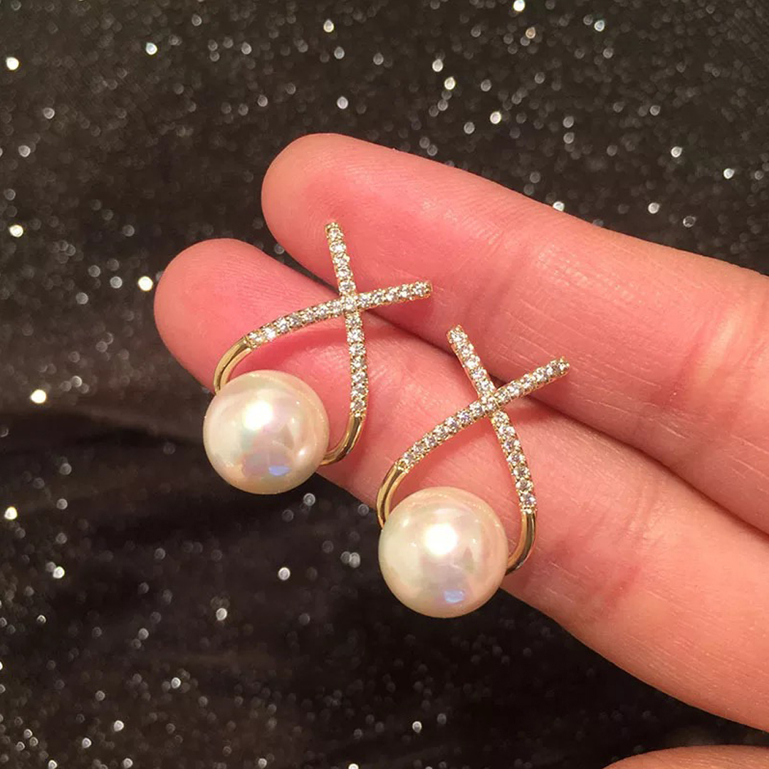 Korean Diamond Studded Cross Pearl Stud Earrings Stainless Steel