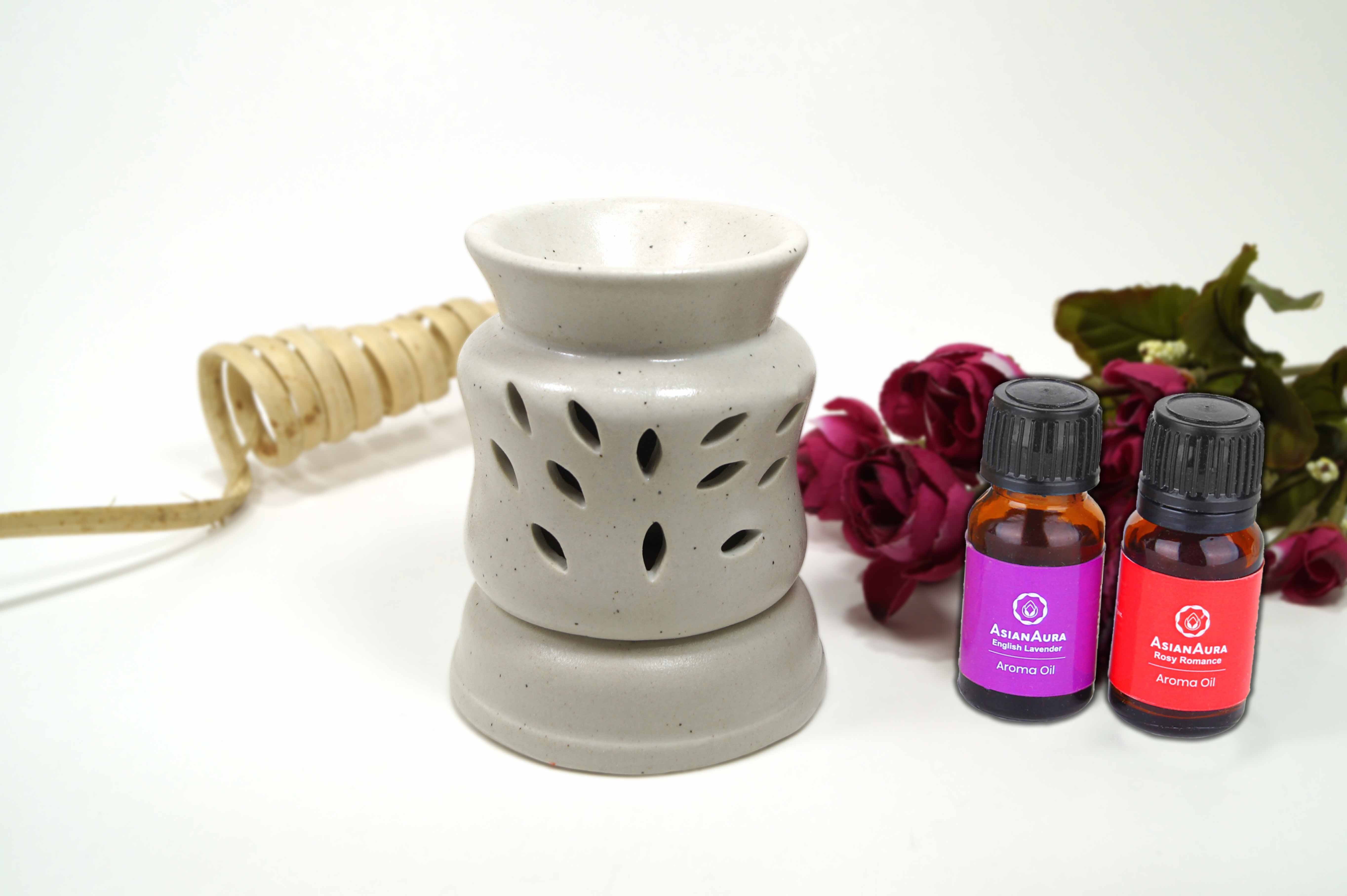 Asian Aura Ceramic Aromatic Oil Diffuser - 10ml Aroma Oil Bottles Included, Long-lasting Fragrance For Stress Relief And Unwinding At Home Or Office