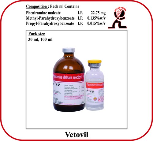 Pheniramine Maleate I.P. Brand- Vetovil / Dotvil - 30 Ml - Medicine Type: Veterinary Injectables