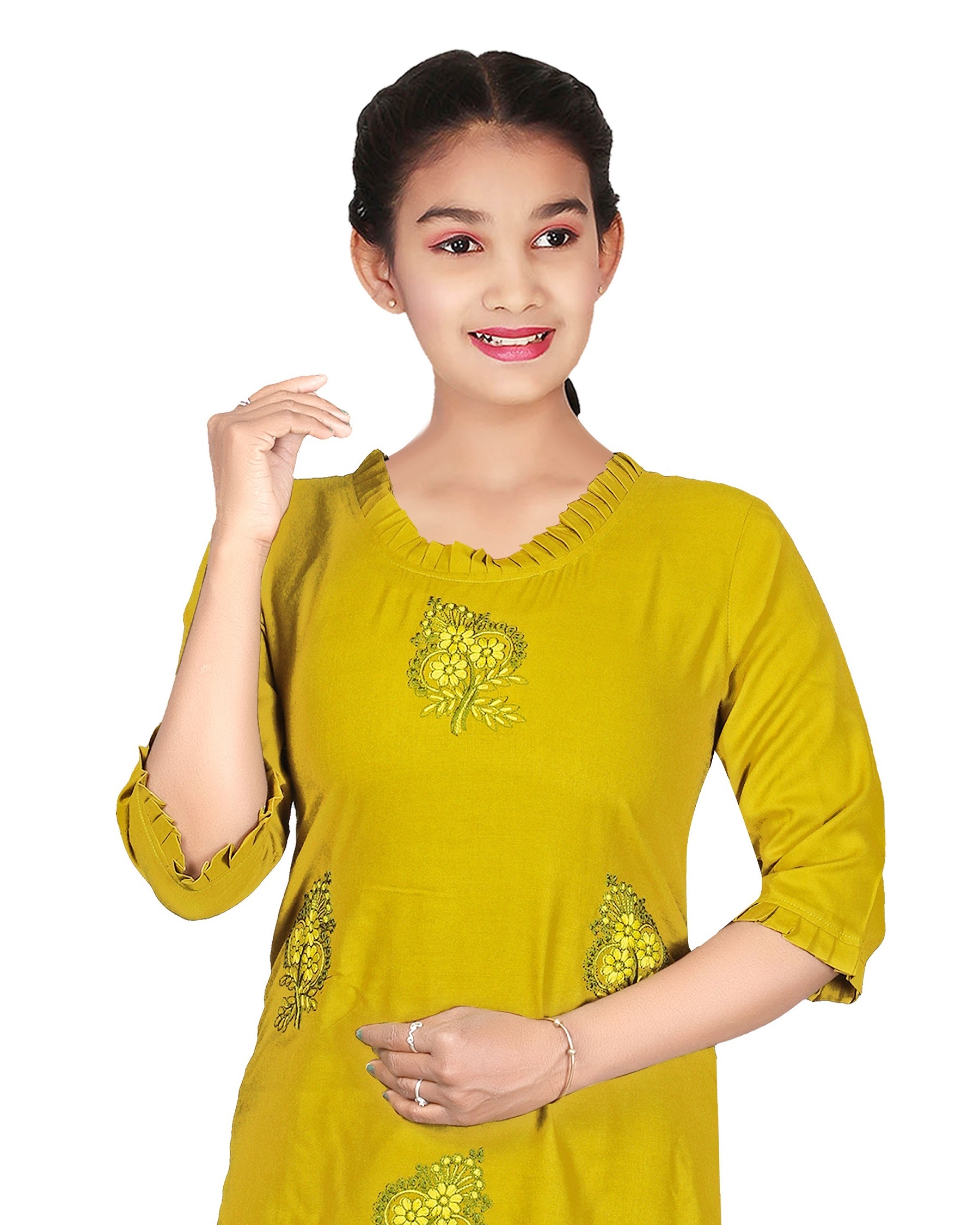 Girls Pink Embroidery Kurti - Rayon Material, Customized Size (Bust: 15.5-17.5, Shoulder: 12.5-14.5), Rani & Mehndi Colors, 3-4th Sleeve Style, 35-39 Length | Classic Design, Dry Clean Only, Embroidered Pattern