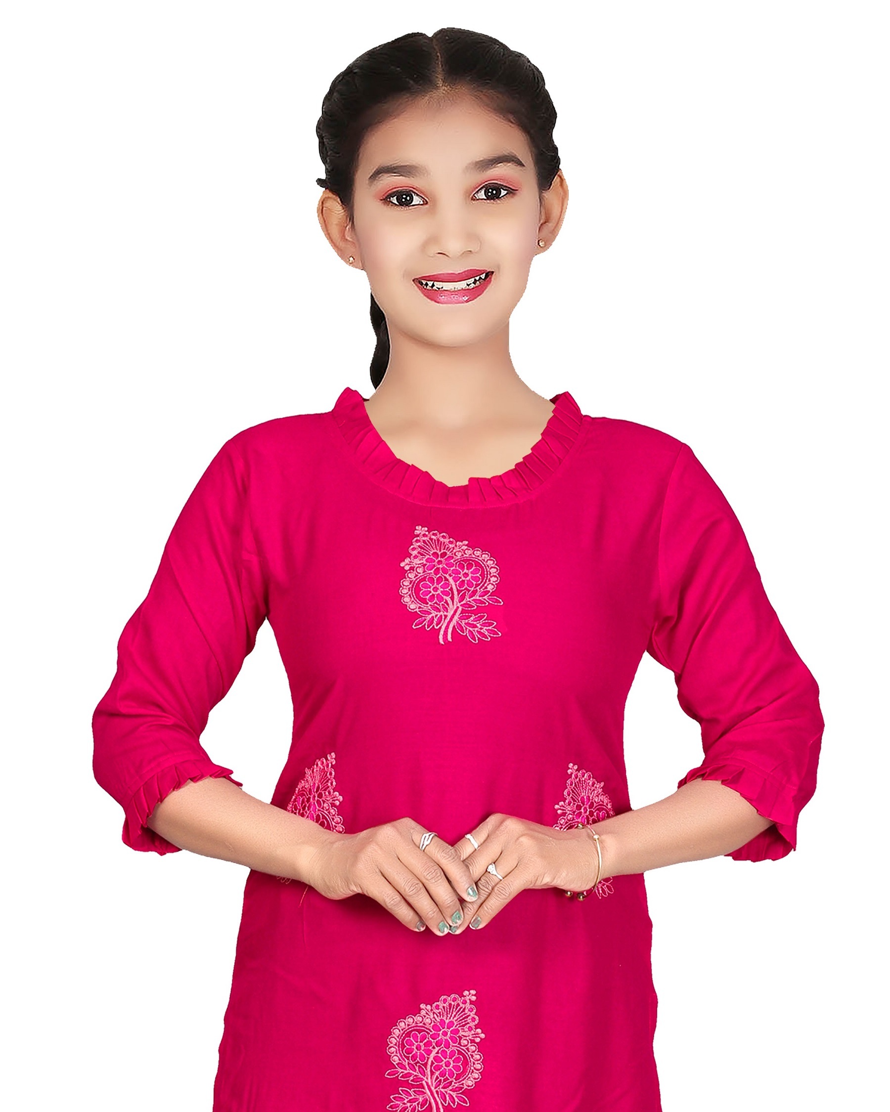 Girls Pink Embroidery Kurti - Rayon Material, Customized Size (Bust: 15.5-17.5, Shoulder: 12.5-14.5), Rani & Mehndi Colors, 3-4th Sleeve Style, 35-39 Length | Classic Design, Dry Clean Only, Embroidered Pattern