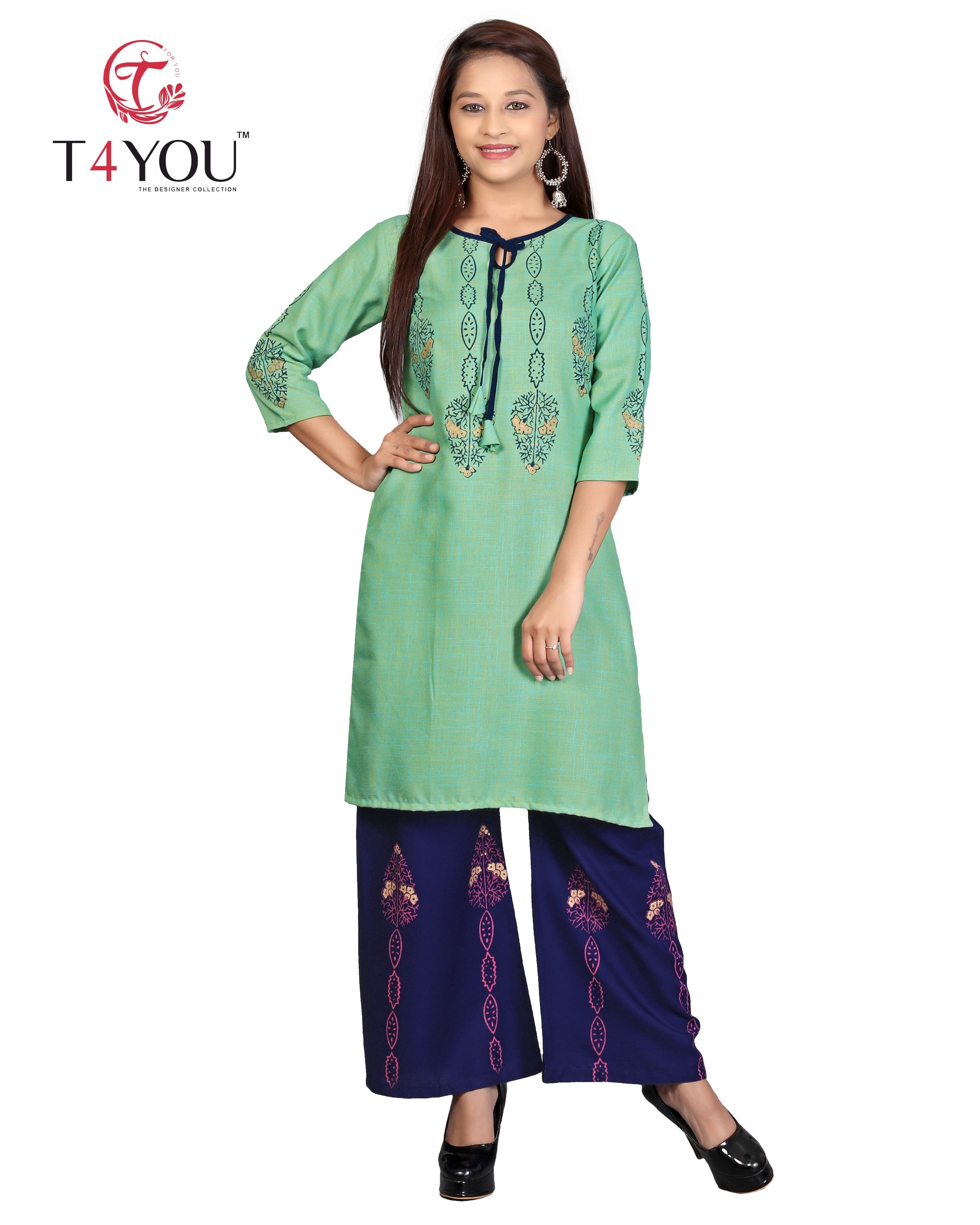 Girls Kurti - Rayon Fabric, Customized Size 9-14 Years, Colors: Pink, Pista, Green | Trendy Block Print Design, Includes Matching Sarara Set