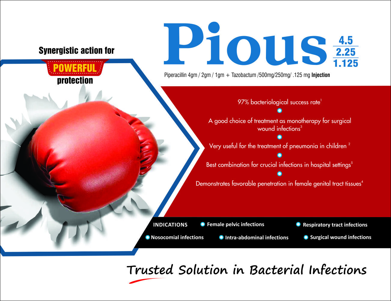 Pious 1.125 Injection - Piperacillin 1gm + Tazobactam 0.25gm | Anti-bacterial, Powder Form, Suitable For Adults, Enhanced Efficacy Against Bacterial Infections