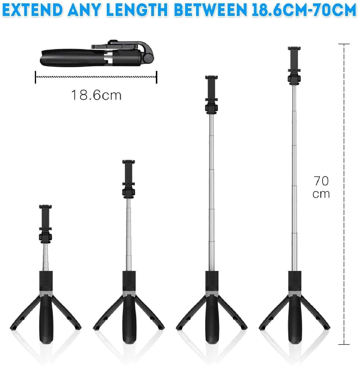 Xt-02 Selfie Stick - Abs + Stainless Steel, Black | Bluetooth 4.2, 10 M Range, Compact & Lightweight Design, Tripod Functionality