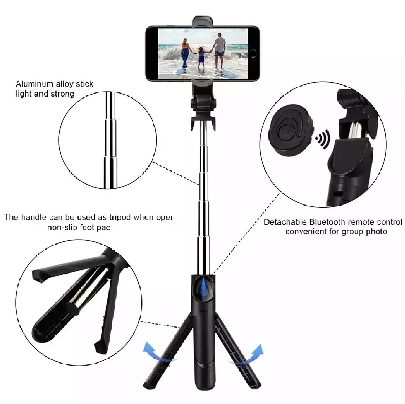 Xt-02 Selfie Stick - Abs + Stainless Steel, Black | Bluetooth 4.2, 10 M Range, Compact & Lightweight Design, Tripod Functionality