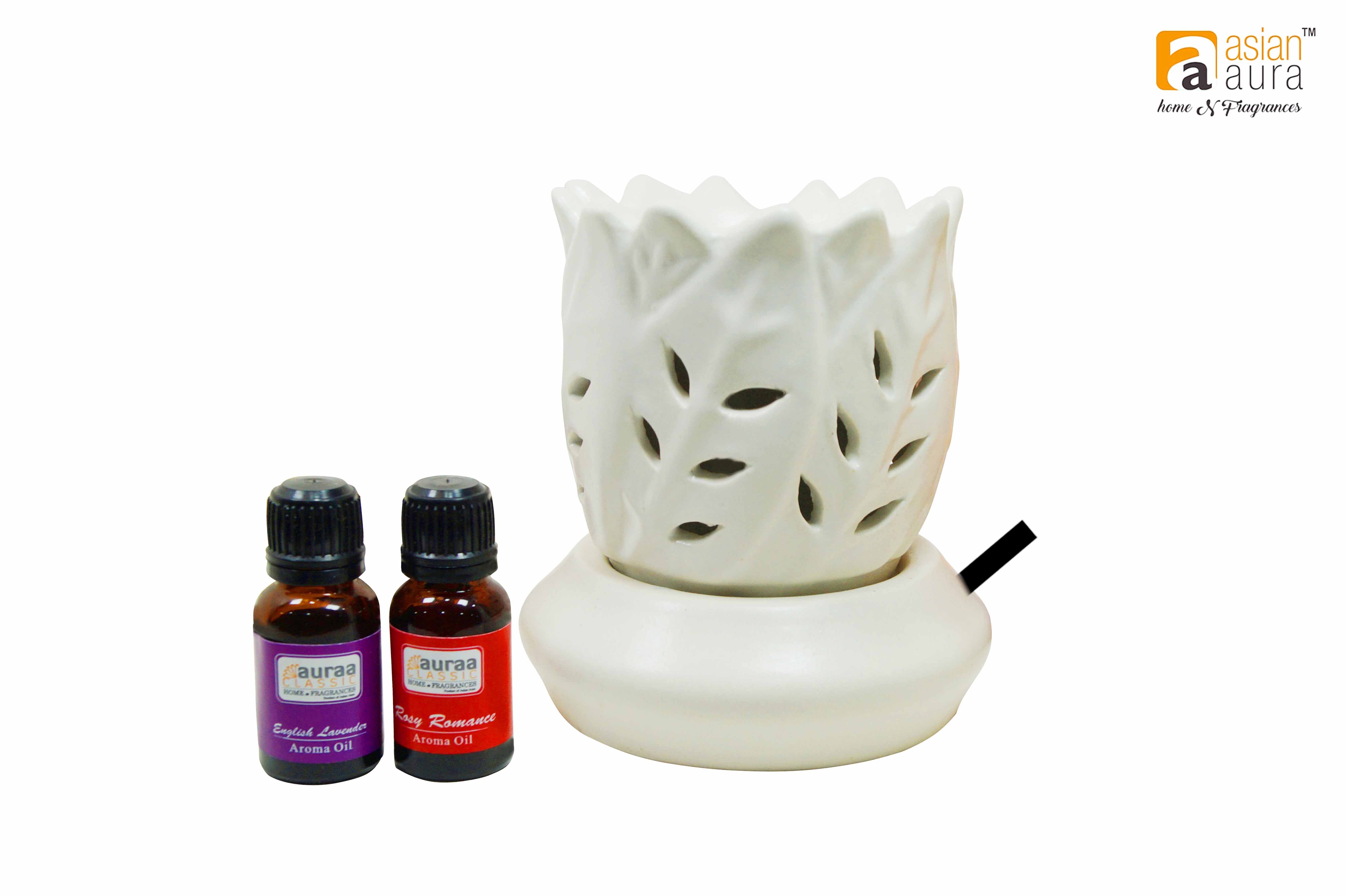 Asian Aura Ceramic Aromatic Oil Diffuser With 2 Oil Bottles Aaeb 0021-w