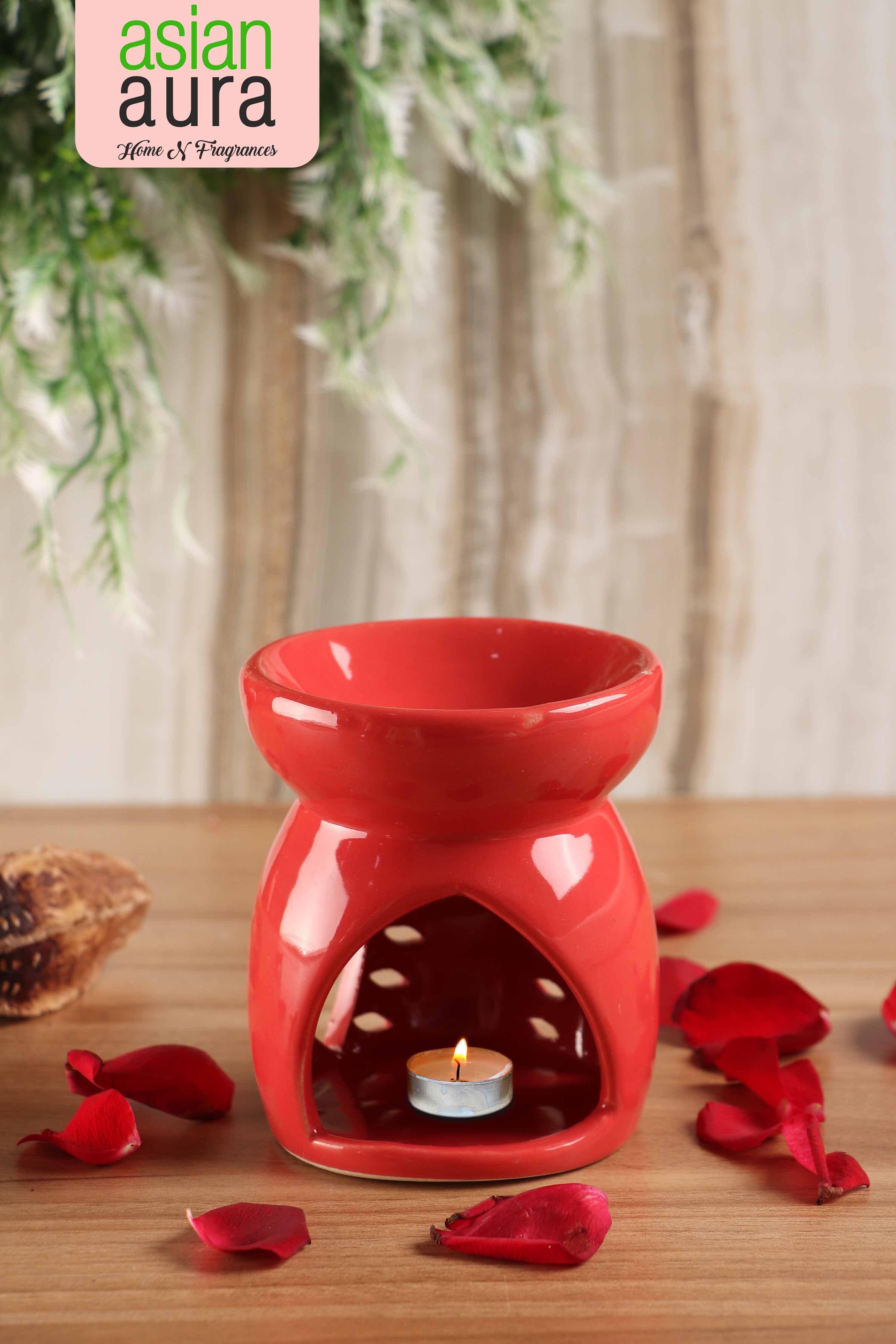 Asian Aura Ceramic Aromatic Oil Diffuser With 2 Oil Bottles Aa-cb-0029red