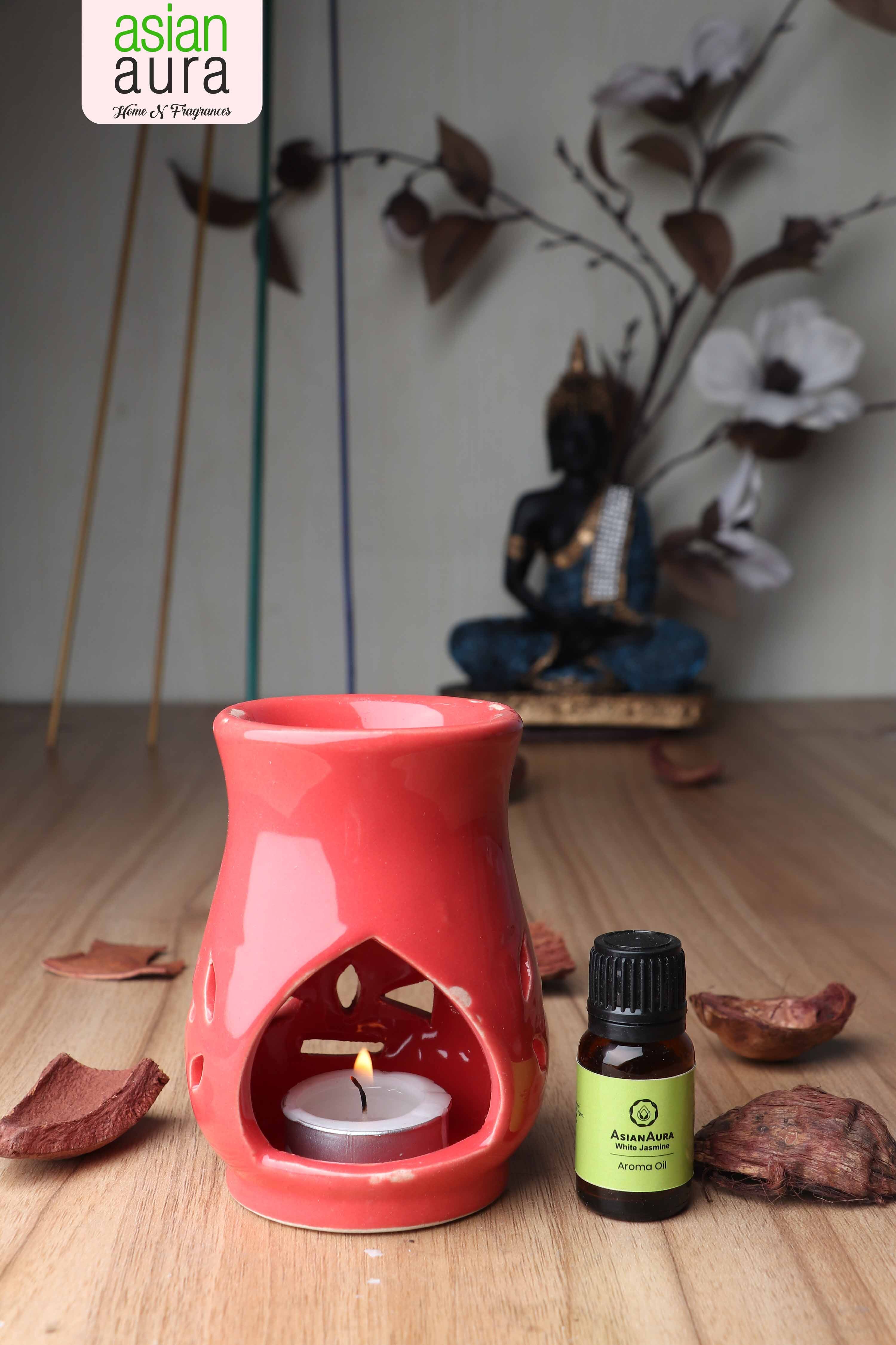 Asian Aura Ceramic Aromatic Oil Diffuser With 2 Oil Bottles Aa-cb-0031red