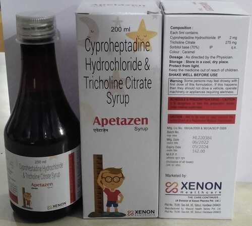 एपेटाजेन सिप सामग्री: साइप्रोहेप्टाडाइन 2mg+ ट्राई-कोलाइन साइट्रेट 65% -275mg