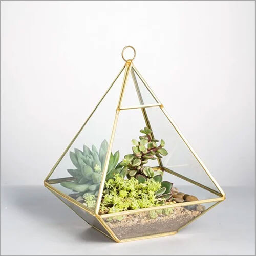 गोल्ड डेको पॉइंट क्लियर ग्लास गोल्डन जियोमेट्रिक पिरामिड टेरारियम