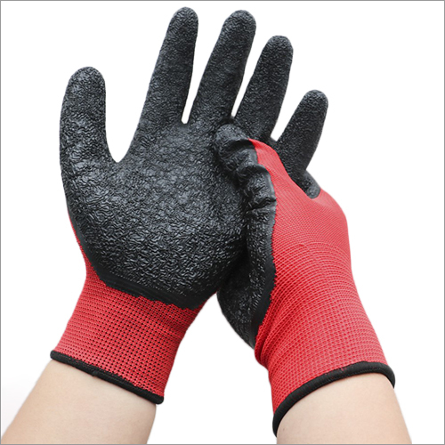 Black And Red 13g Polyester Coated Crinkle Latex Gloves