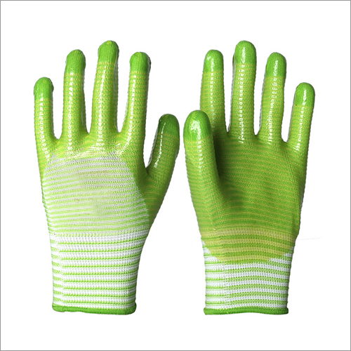 Polyester Pvc Half Coated Gloves - 13 Gauge Full Finger, Green Zebra-stripe Design