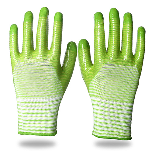 Polyester Pvc Half Coated Gloves - 13 Gauge Full Finger, Green Zebra-stripe Design