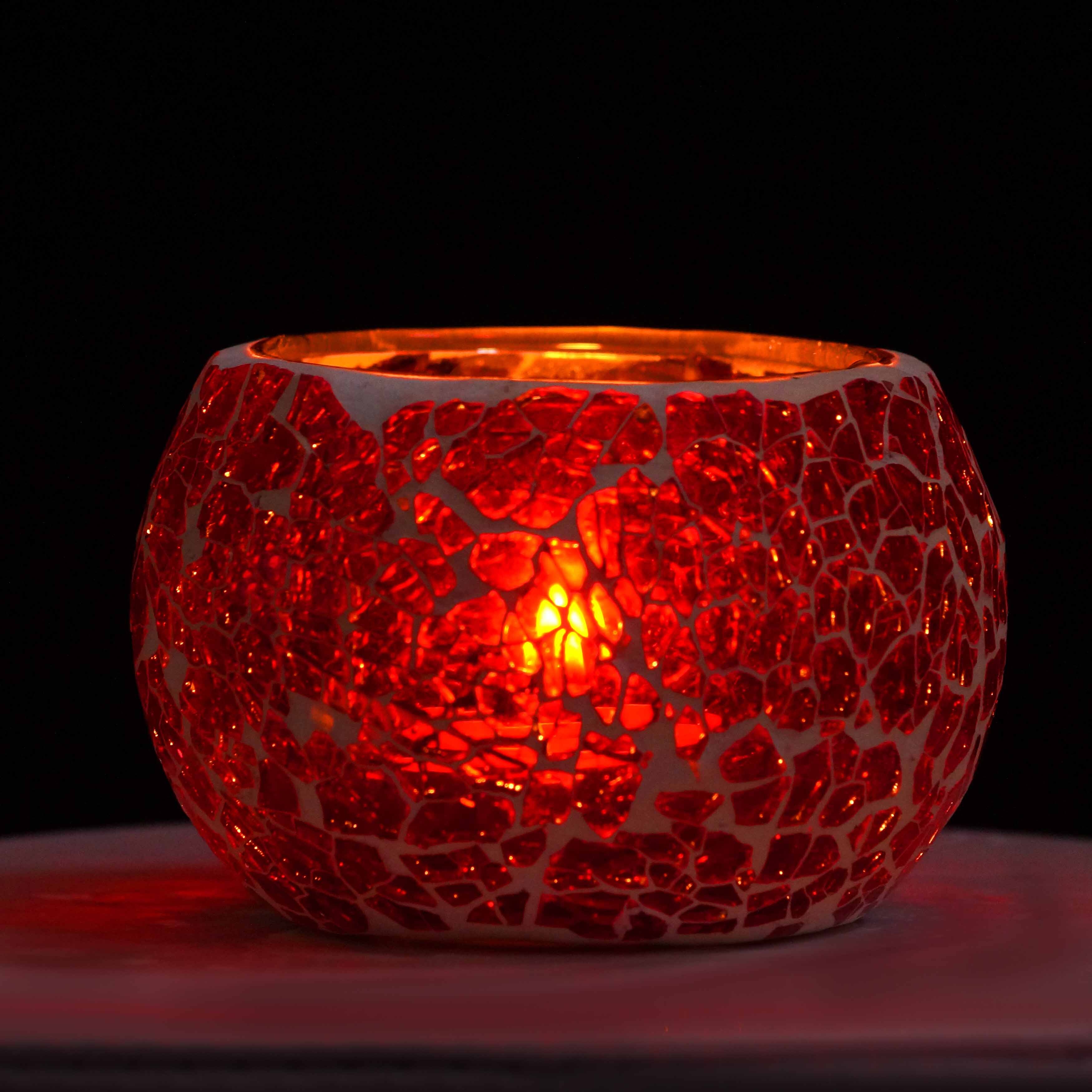 Mosaic Candle (Red) - Handmade Mosaic Glass Tea Light Holder | Multicolored Votive, Size: 9cm X 9cm X 6cm, Burning Time: 3-4 Hours