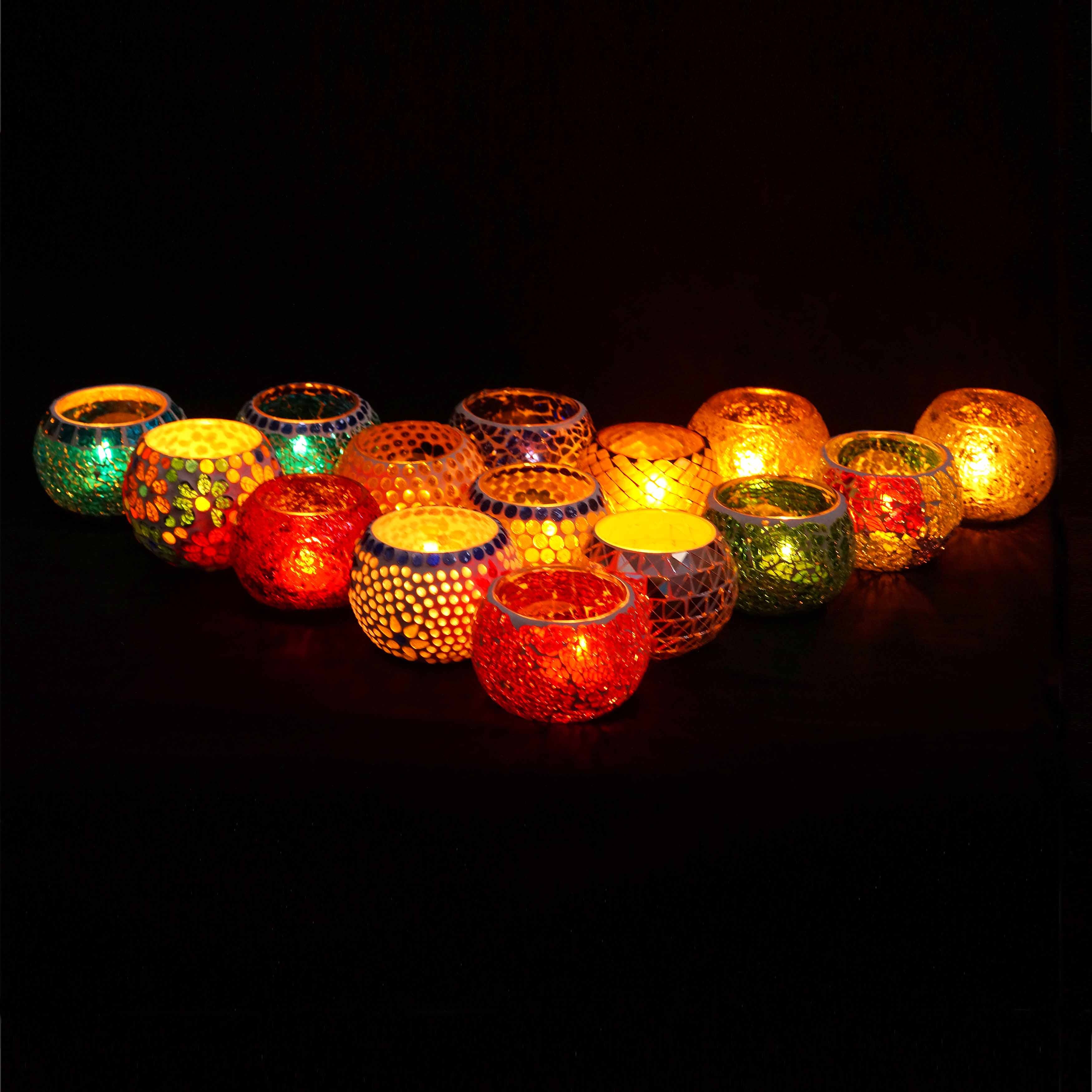 Mosaic Candle (Red) - Handmade Mosaic Glass Tea Light Holder | Multicolored Votive, Size: 9cm X 9cm X 6cm, Burning Time: 3-4 Hours